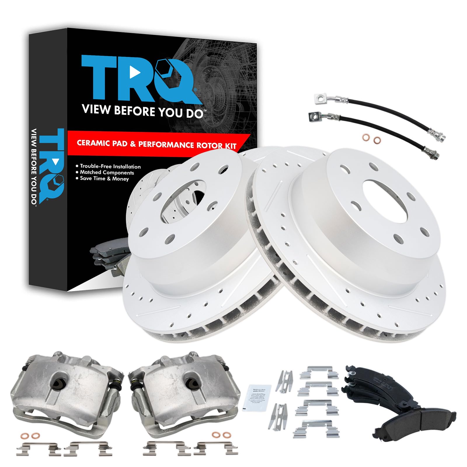 TRQ Brake Pad &amp; Rotor Kit Slotted X Drilled Performance Ceramic Compatible with 2005-2006 Cadillac Escalade 2002 GMC Yukon
