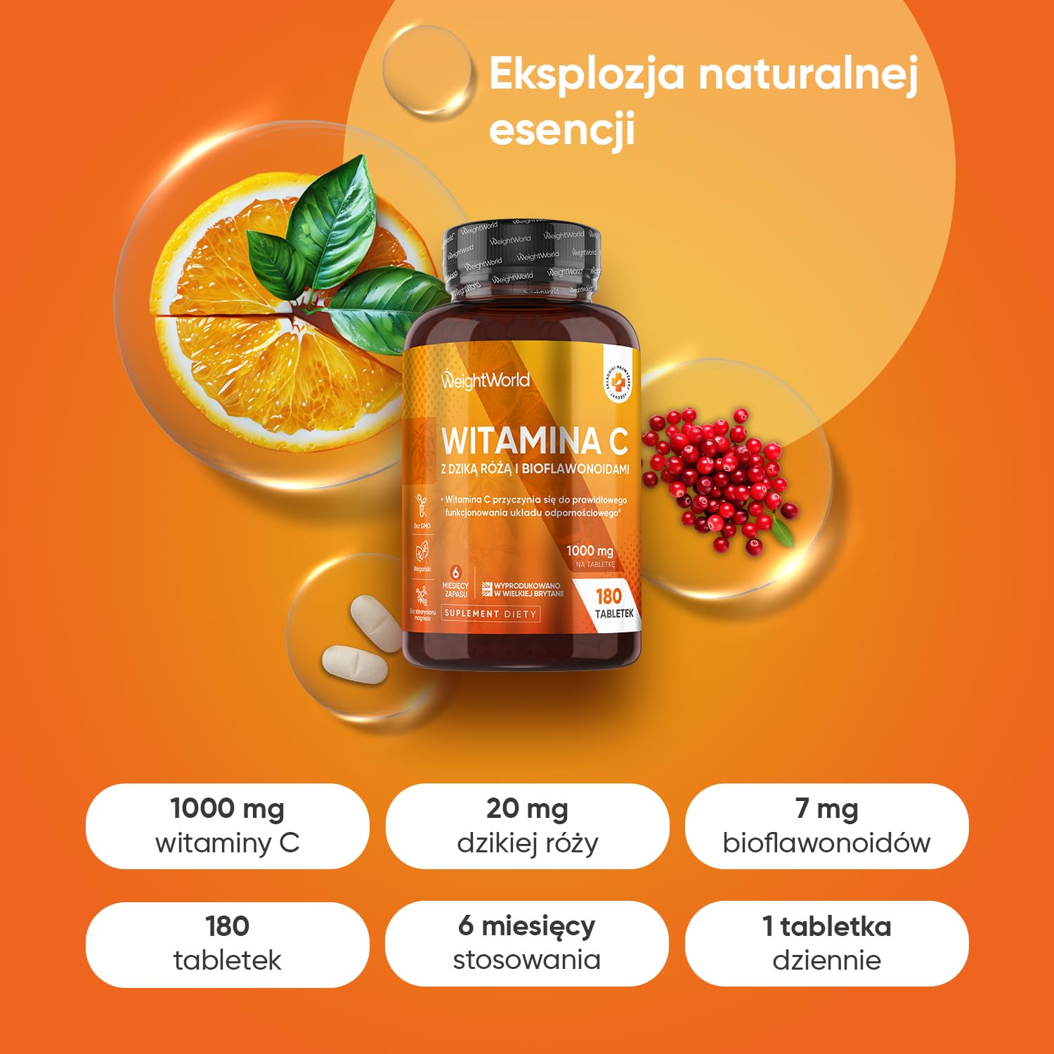 Witamina C 1000 mg, 180 tabletek wegańskich z bioflawonoidami i dziką różą, 6-miesięczna suplementacja – wspiera prawidłowe funkcjonowanie układu odpornościowego (EFSA), bez glutenu i GMO