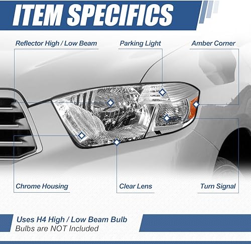 Miniatura 2 de Conjunto de faros delanteros estilo fábrica compatible con Toyota Highlander XU40 2008-2010, lado del conductor y del pasajero, carcasa cromada