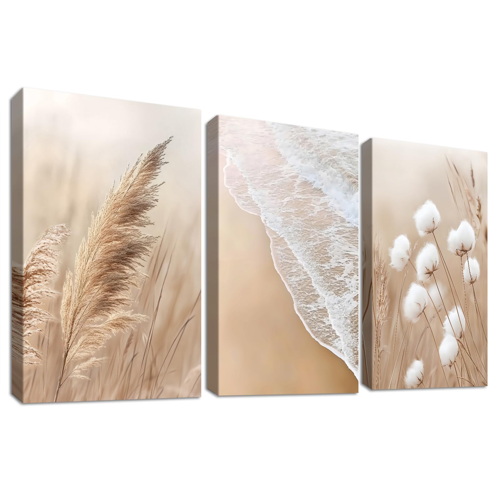 HALFLEMART 3Pcs Strand am Meer Leinwand Bilder Set Mit Rahmen Poster Pampasgras Schilf Löwenzahn Bild auf Leinwand Malerei Boho Beige Wandbilder Wohnzimmer Schlafzimmer Esszimmer Wanddeko 30x40cm x3