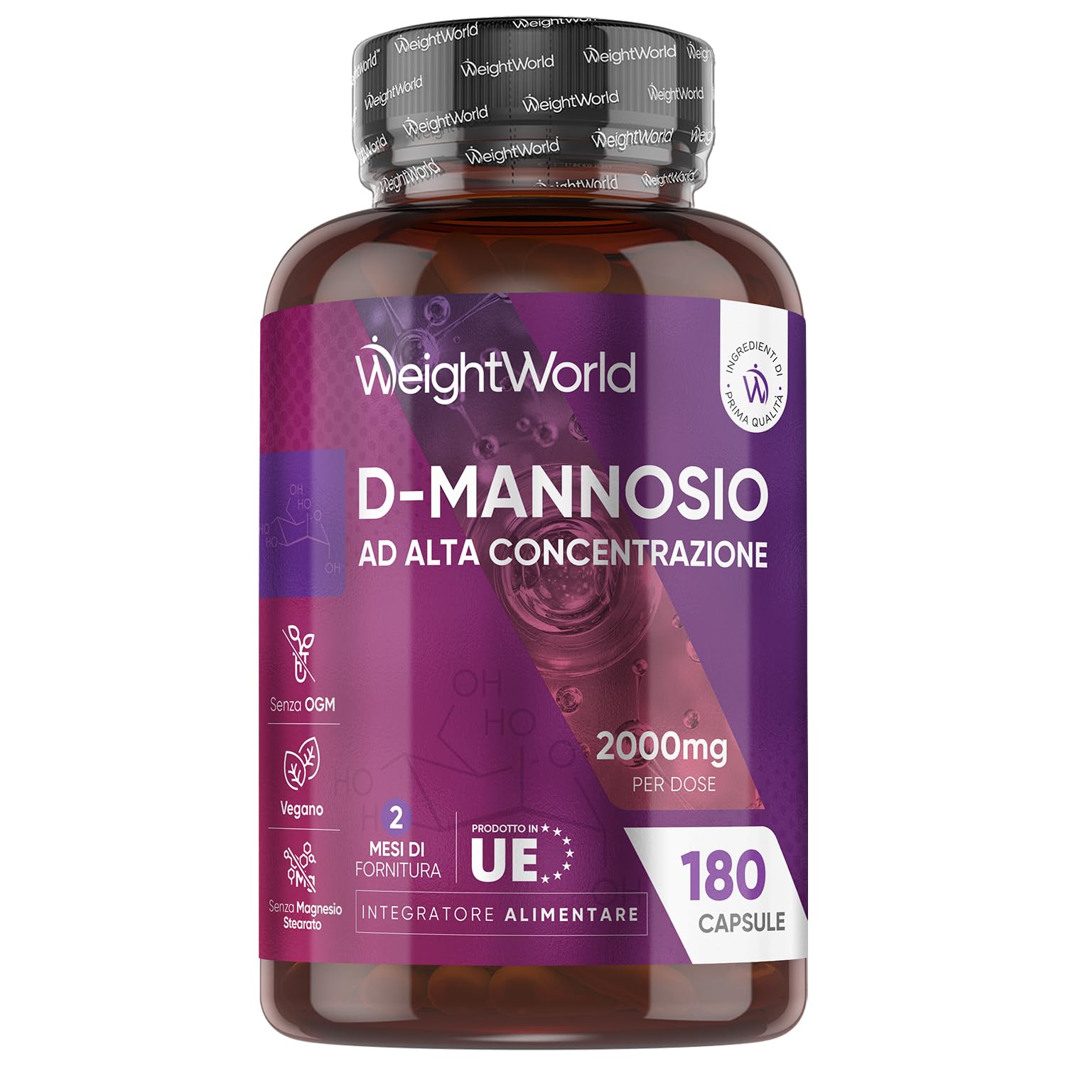 D Mannosio ad Alta Concentrazione, 180 Capsule Vegane, 2000mg per Dose Giornaliera (2 Mesi di Fornitura), Integratore D-​Mannosio Senza Magnesio Stearato né OGM, Dmannosio Prodotto in Unione Europea
