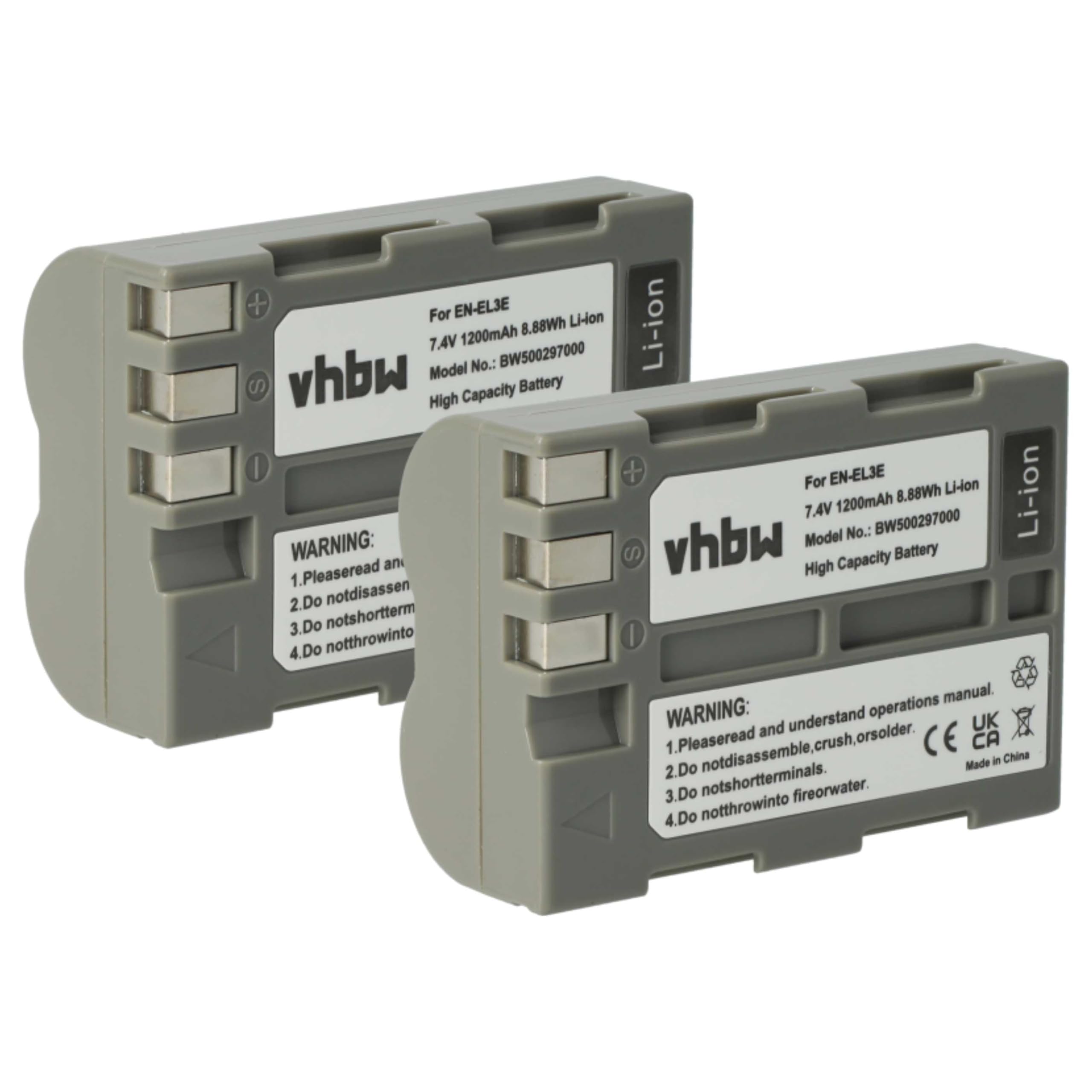 vhbw 2x batteria compatibile con Nikon D300, D200, D300s, D700, D70, D50, D100, D70s, D90, D80 fotocamera (1200mAh, 7,2V, Li-Ion) - Sostituisce EN-EL3e