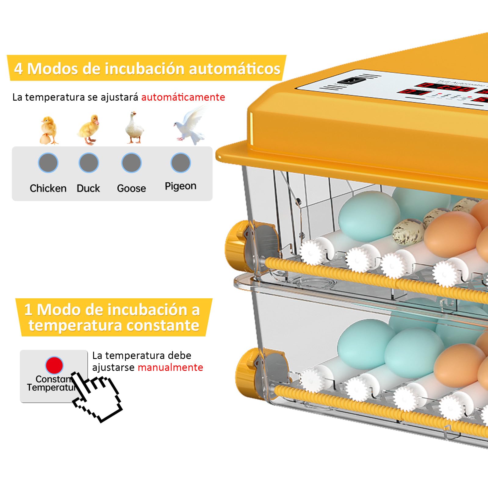 Incubadora Huevos Gallina para 120 Huevos, Incubadora con Volteo Automático y Monitor de Humedad, Control de Temperatura, 5 Modos de Incubación Automáticos y Registro de Días de Incubación