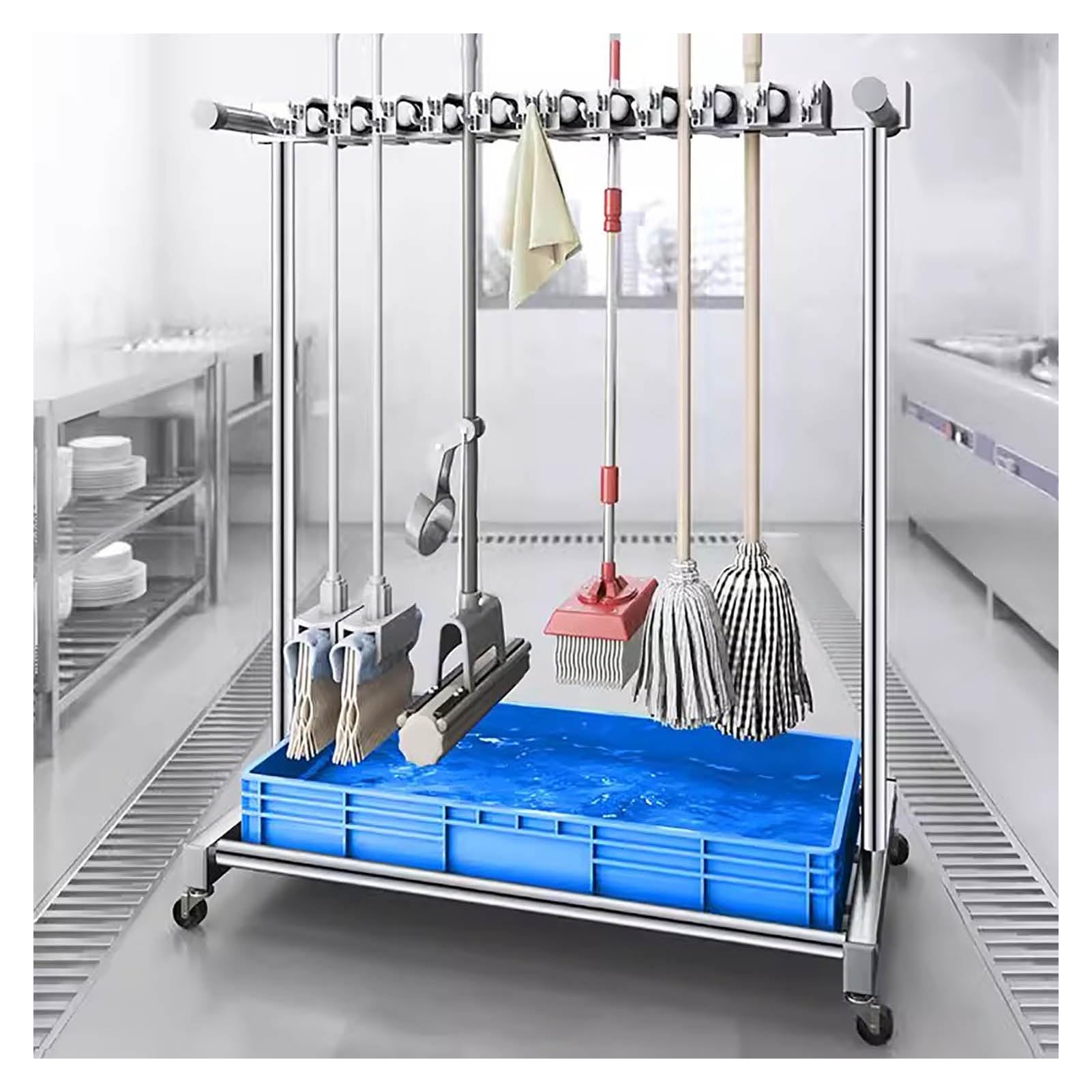 Edelstahl-Moppständer, Besenständer mit Haken, Reinigungswerkzeugwagen, beweglicher Besenständer, Mopp-Abflussständer for Schule, Fabrik, Hotel, Fabrik