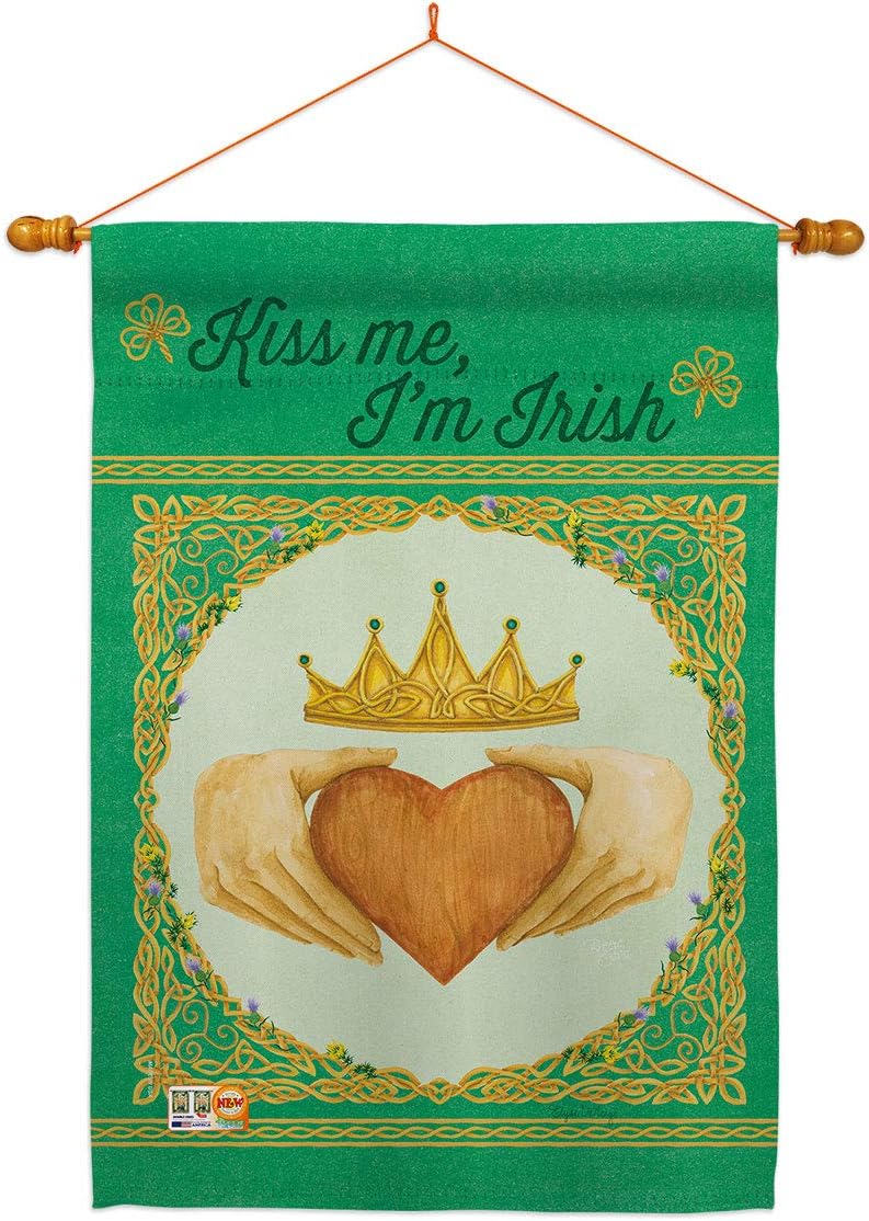 Kiss Me Im Irish House Flag Dowel Set Springtime St Patrick Shamrock Leprechaun Lucky Coin Holiday March Clover Small Decorative Gift Yard Banner Made In USA 28 X 40