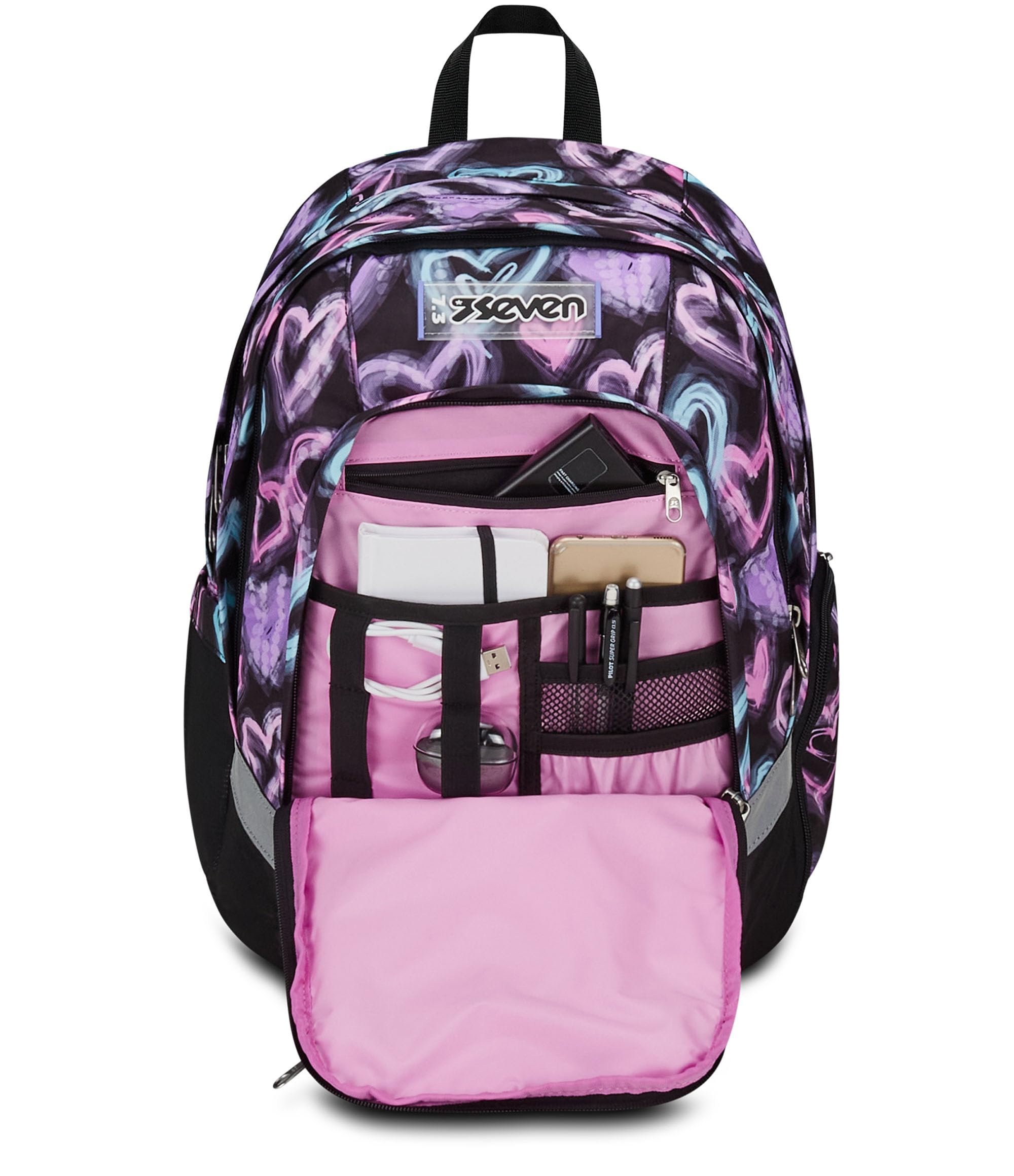 Seven Ergonomischer Schulranzen, Tornister für Schule Sport Freizeit, Schulrucksack für Kinder Mädchen und Jungen, mit Trinkflaschenfach, gepolstert, nachhaltig, schwarz mit Herzen
