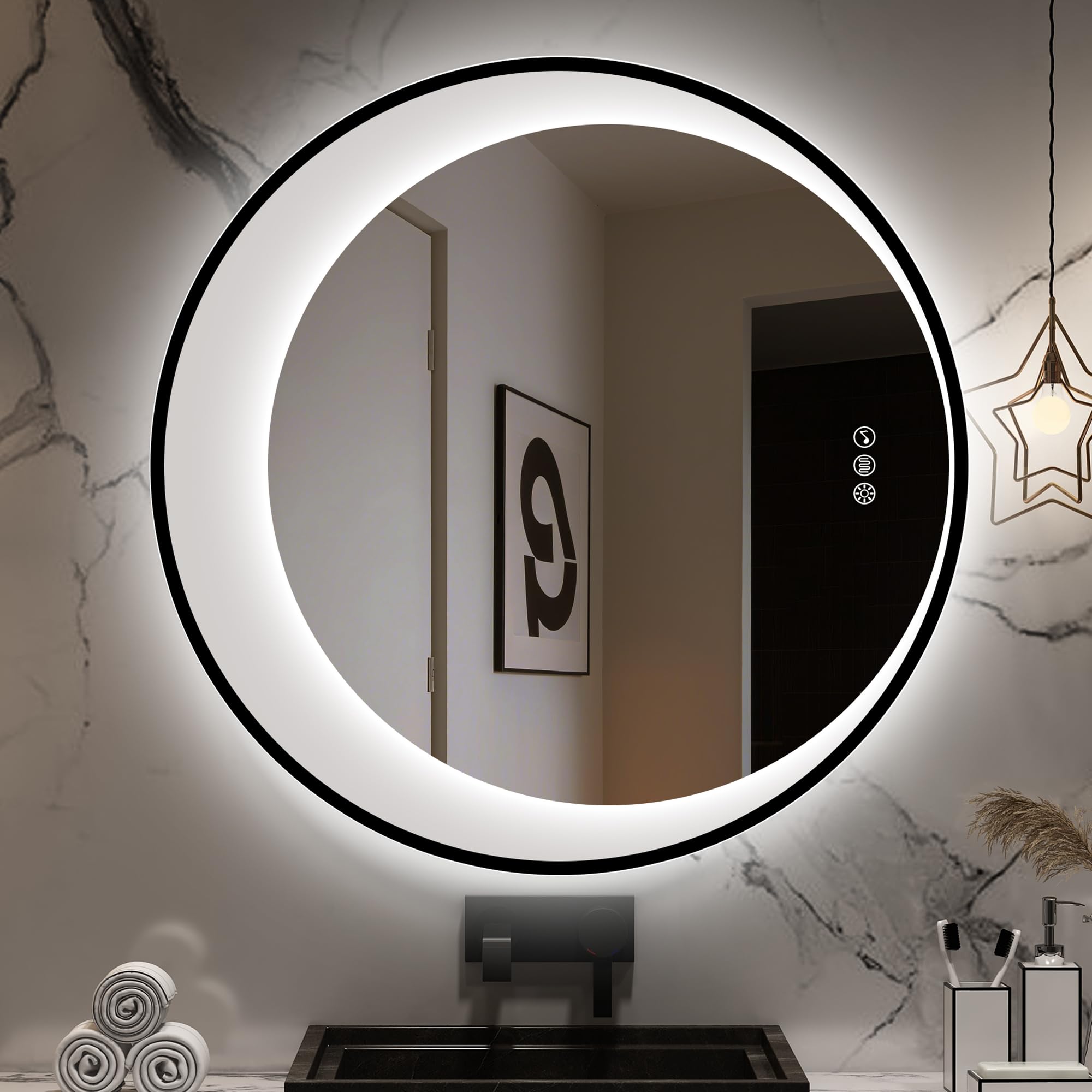 STARLEAD Badspiegel-Rund-mit-Beleuchtung, Oval-LED-Spiegel-Rund mit Einstellbarer Helligkeit, 3 Farbtemperatur, Entfogging, Bluetooth, Memory of Light, IP44 Badezimmerspiegel