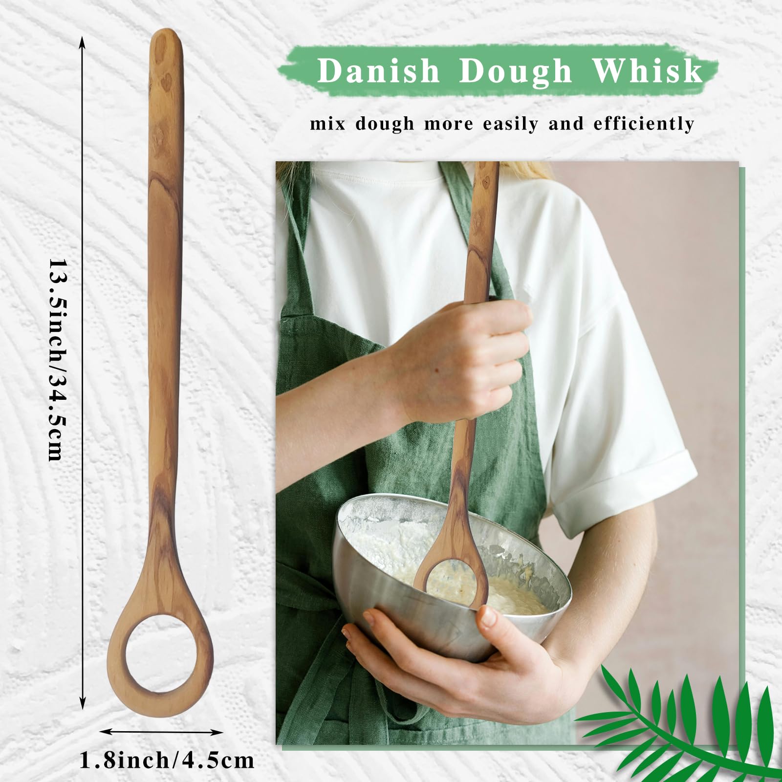 13.5 Inch Danish Dough Whisk with Brash, Wooden Bread Wisking Tool for Mixing Sourdough Whisk Sourdough Wood Stirrer for Pastries, Egg, Pizza (2)