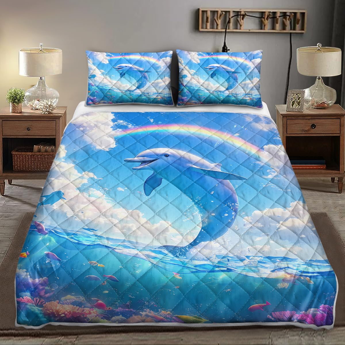 ARIGHTEX Blue Dolphin Quilt Set Twin Sea Dolphin Kids Boys Girls College Dorm Coverlet Set, Soft Plush Luxury Blue Comforter Set 1 Bedspread and 2 Pillowcases