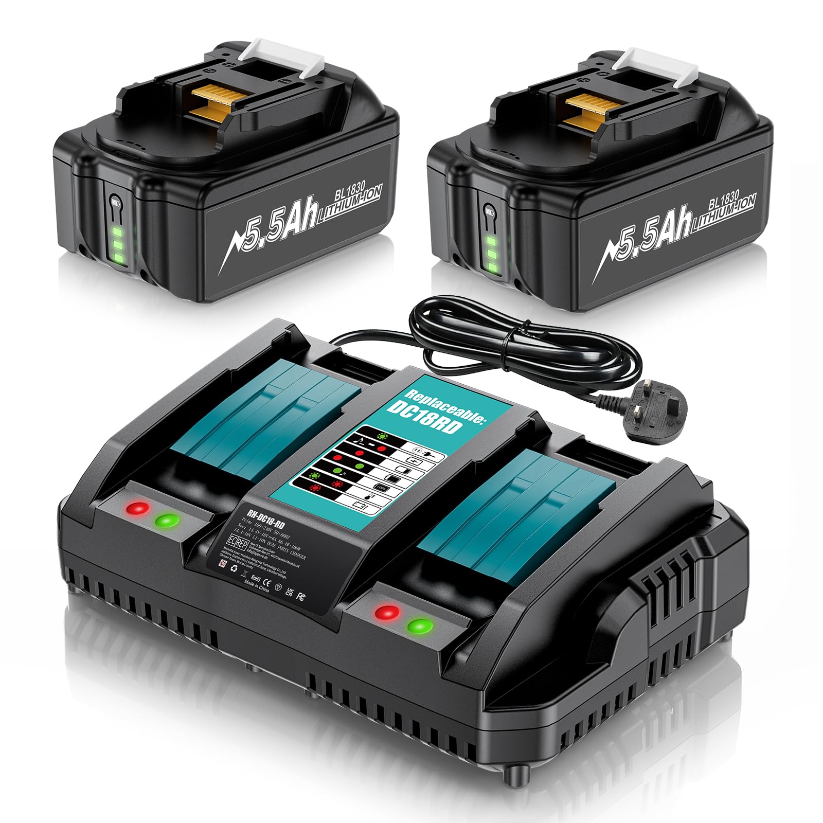 6.0Ah Replacement for 18V Battery and Charger, 2 Pack Li-ion BL1860B Battery + 6A DC18RC Dual Port Replacement Charger for BL1850 BL1860 BL1820 BL1850B BL1830 BL1840 Cordless Tools