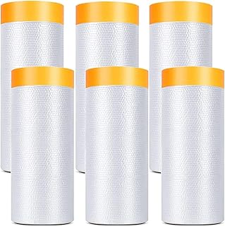 Painters Plastic With Tape, Pre-Taped Masking Film, 6 Rolls Automotive Best Tape and Drape, Paint Adhesive Protective Film Roll for Covering Skirting, Frames, Cars and Auto Body (5 X 65-Feet) (6)