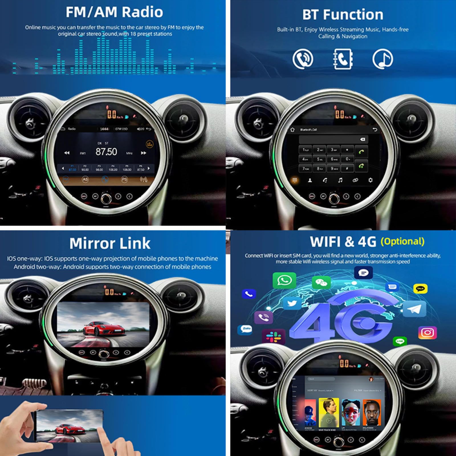 Android 16 Odtwarzacz Samochodowy Radio 9-calowy Ekran Dotykowy Multimedia Dla BMW Mini Cooper 2011-2013, Nawigacja Gps Obsługa Bluetooth 4g Wi-fi, Kamera Cofania Mirror Link,M109