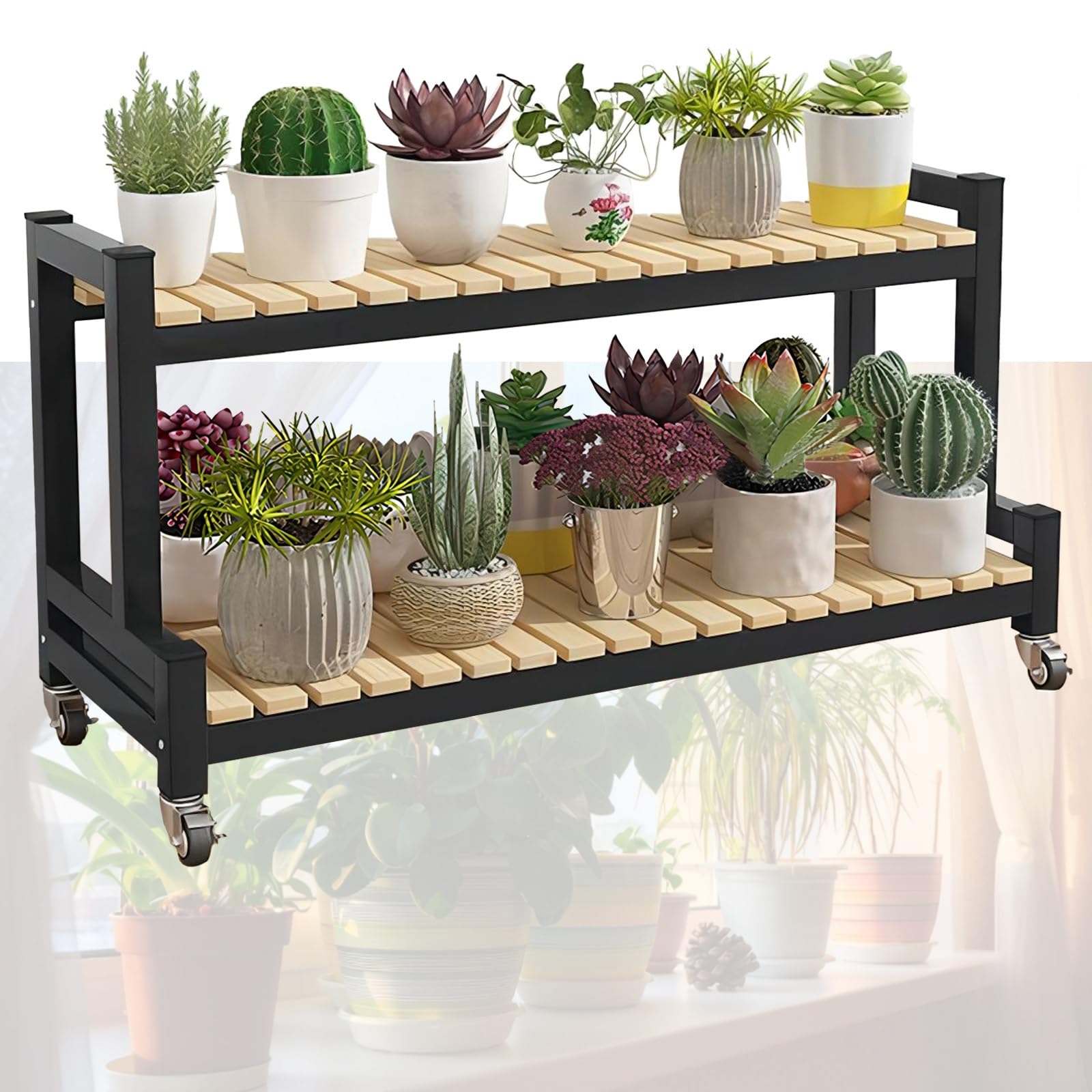 LIGUOYI Plant Ladder Shelf 2/3 Tier Flower Pot Organizer Rack, Revolving Metal Stand with Wheels, Indoor/Outdoor Garden/Office Use, Black, Carbon