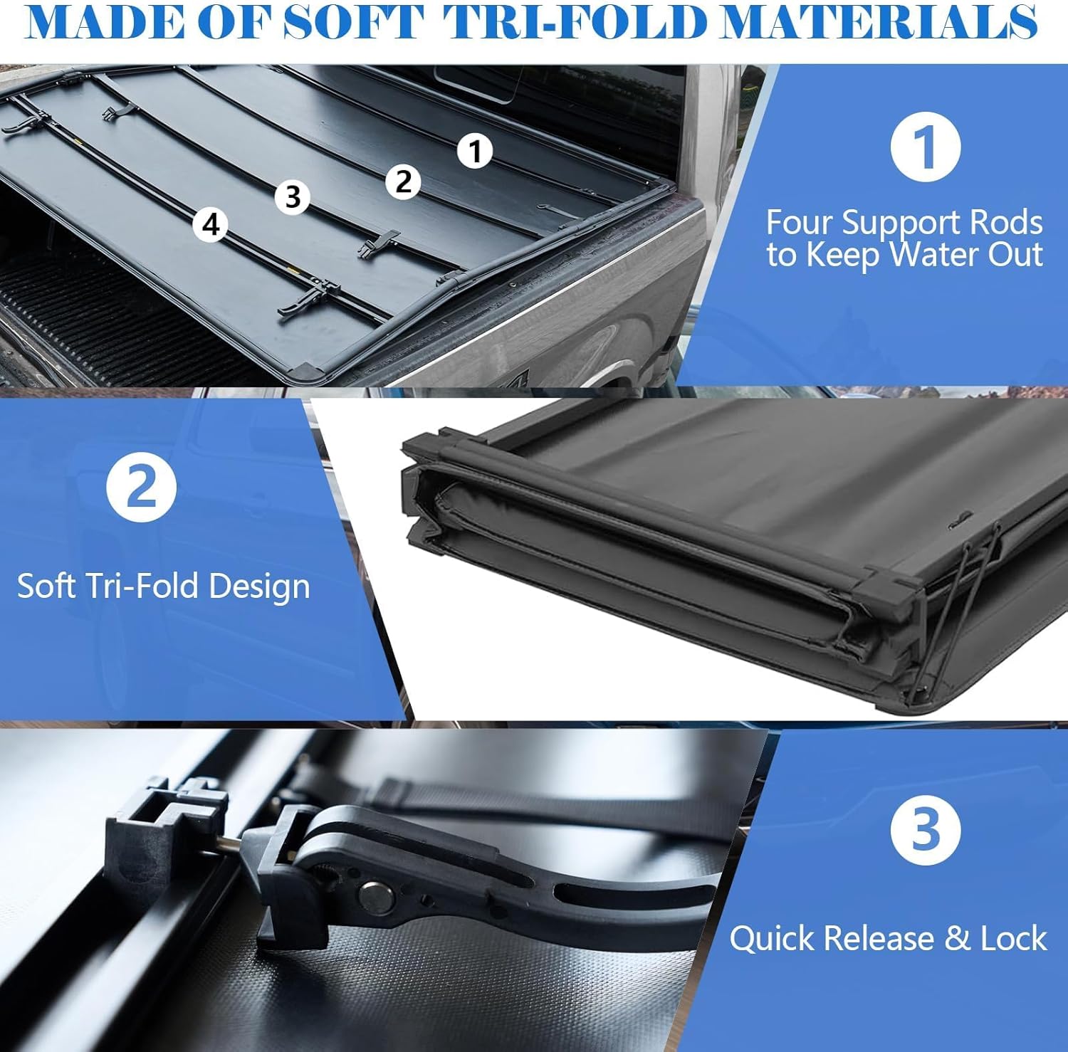 TOMOKA Vinyl Soft Tri-fold Truck Bed Tonneau Cover Compatible for 2016-2026 Toyota Tacoma 5 Ft (60.5") Bed Tonneau Cover Only fits Models with Factory Deck Rail System, Waterproof