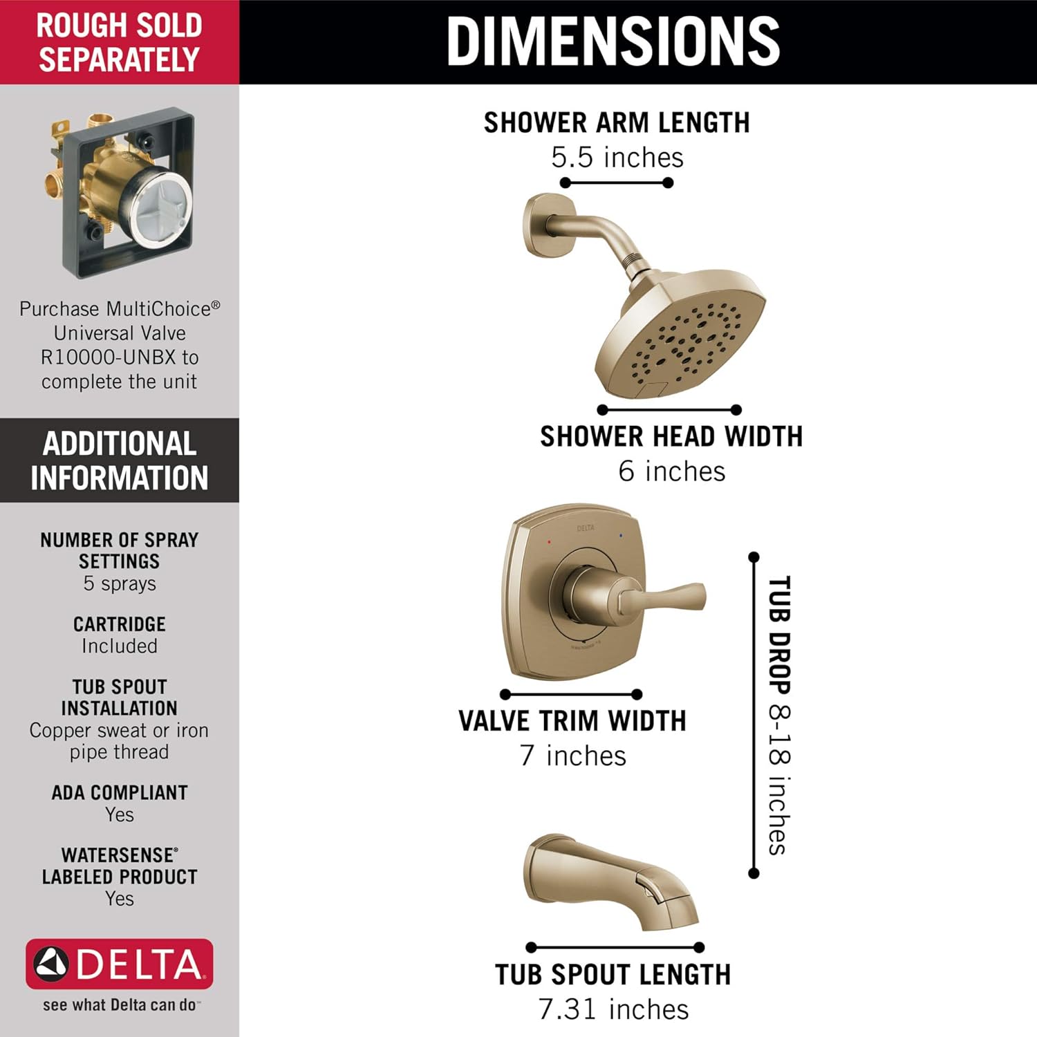 Delta Faucet Stryke 14 Series Single-Function Tub and Shower Trim Kit, Shower Faucet, Single-Spray H2Okinetic Shower Head, Champagne Bronze T14476-CZ (Valve Not Included)