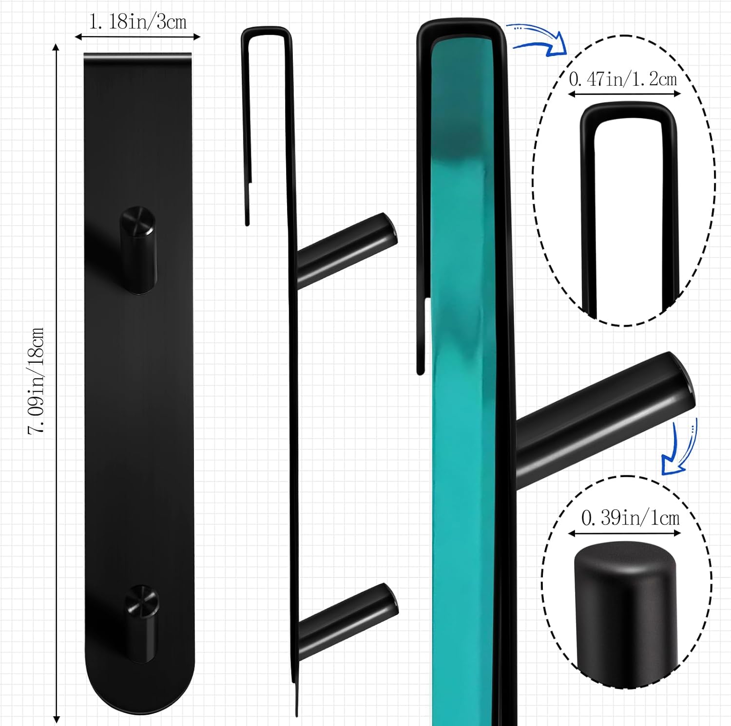 Over The Shower Door Hooks,2 Pack Removeable Double Bathroom Shower Hanger for Frameless Glass Door Hanging Bathrobe Towel,Extended Black Stainless Steel Heavy Duty Drill Free Holder 7.1 Inch 12mm
