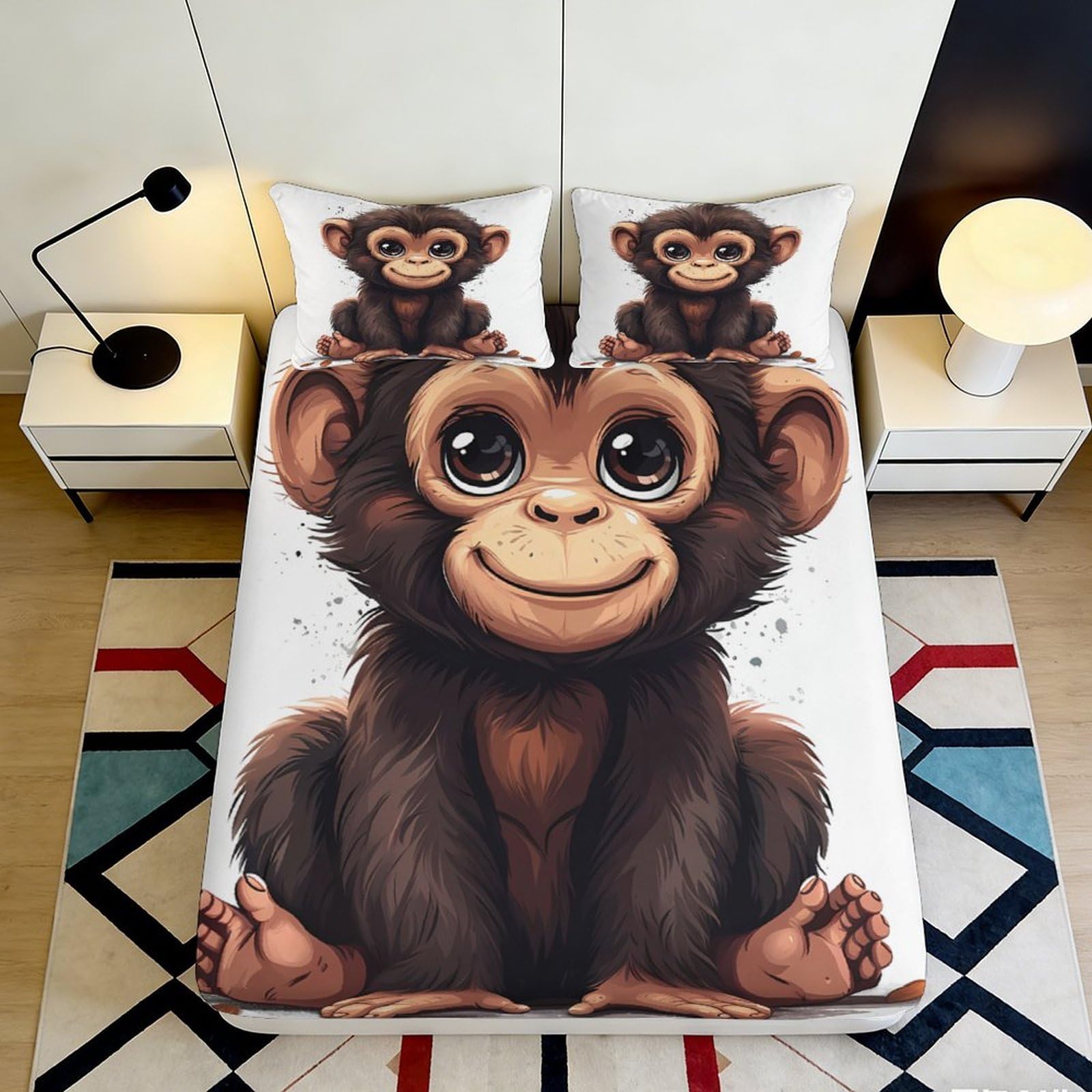 3D Printed Cartoon Monkey Fitted Sheet Microfiber Non-Slip Elastic Hem Cartoon Monkey Mattress Fitted Cover Deep Pocket 200x200x25cm