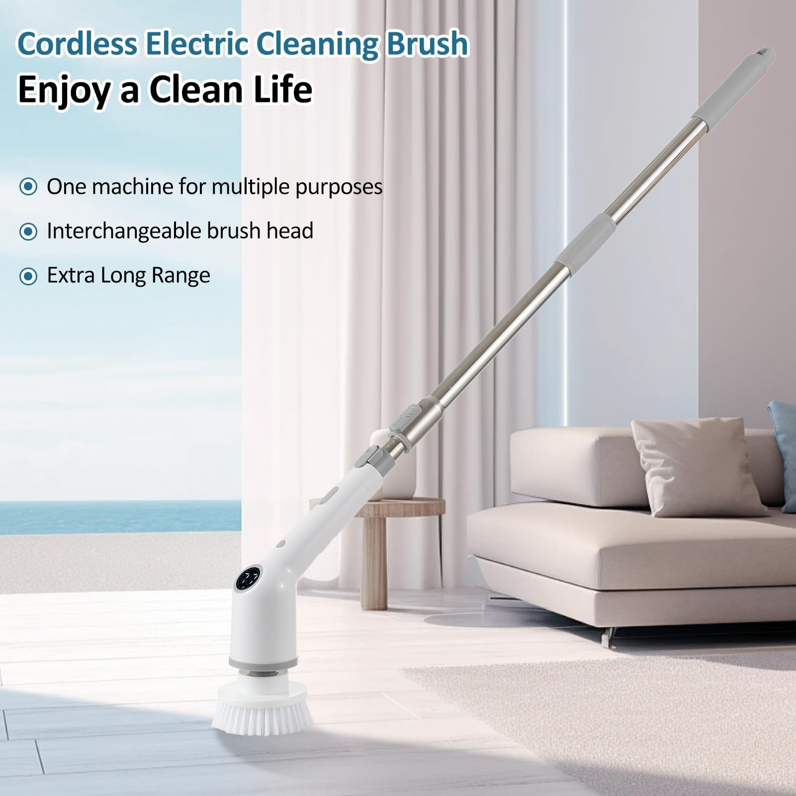 Fregadora Giratoria Eléctrica, Cepillo De Limpieza Inalámbrico For El Hogar Con 8 Cabezales De Cepillo Reemplazables, Fregadora Eléctrica De Mano 3 Velocidades Ajustables, Mango Largo Ajustable For Su