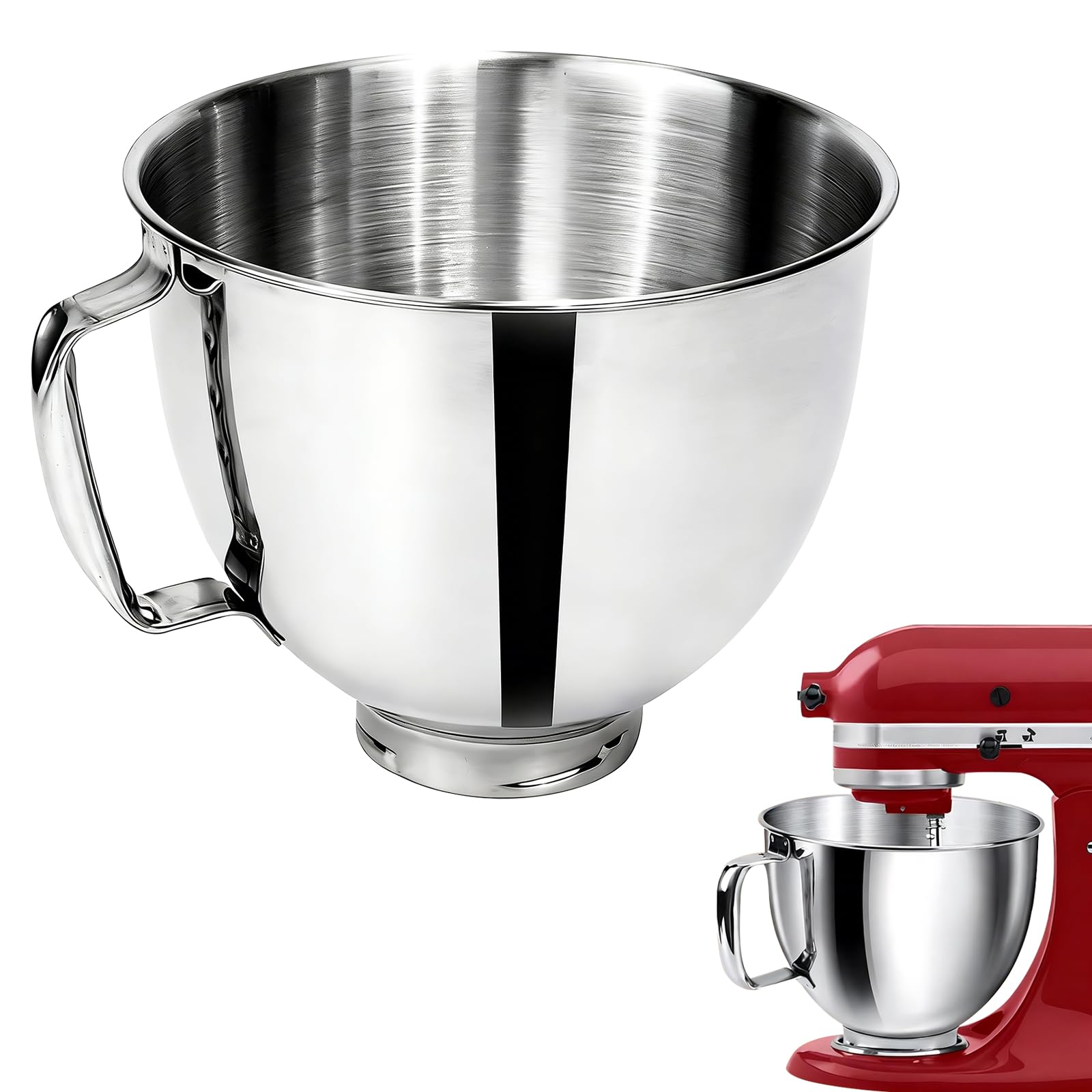 Edelstahl Schüssel für Kitchen Aid 4,5-5 Quart Standmixer, Eiscrememaschine Aufsatz,Schüssel Silber Ersatzteile,Standrührer Edelstahlschüssel mit Griff Rührschüssel Ersatz