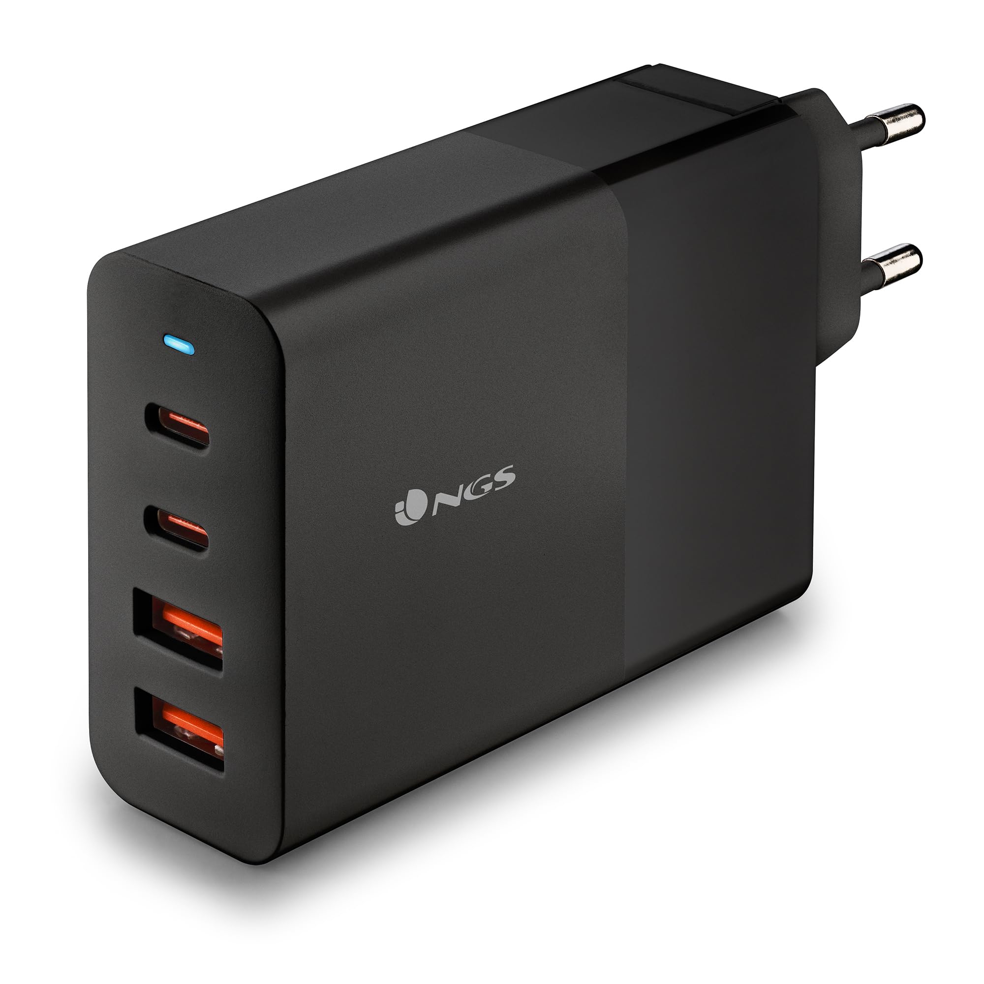 NGS Bud 100 W - Caricatore da parete ultra veloce con 2 porte USB-C(PD & PPS 100 W) 2 USB-A (QC 3.0 30 W) compatto e portatile per smartphone tablet portatili Materiali GAN ignifughi Ricarica