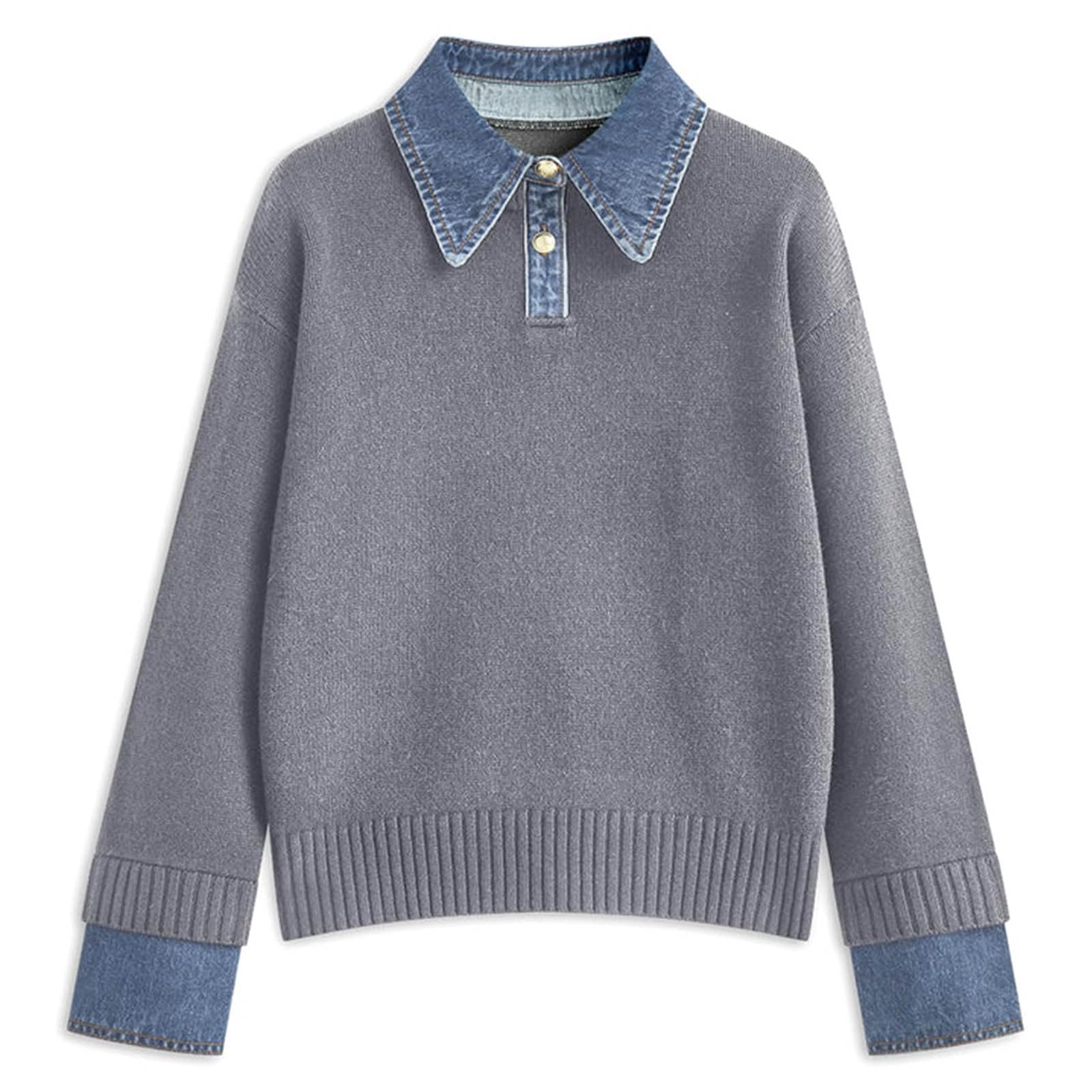Womens 2 in 1 Denim Panel Lapel Sweaters Long Sleeve Sweater Polo Knit Fall Pullover Tops