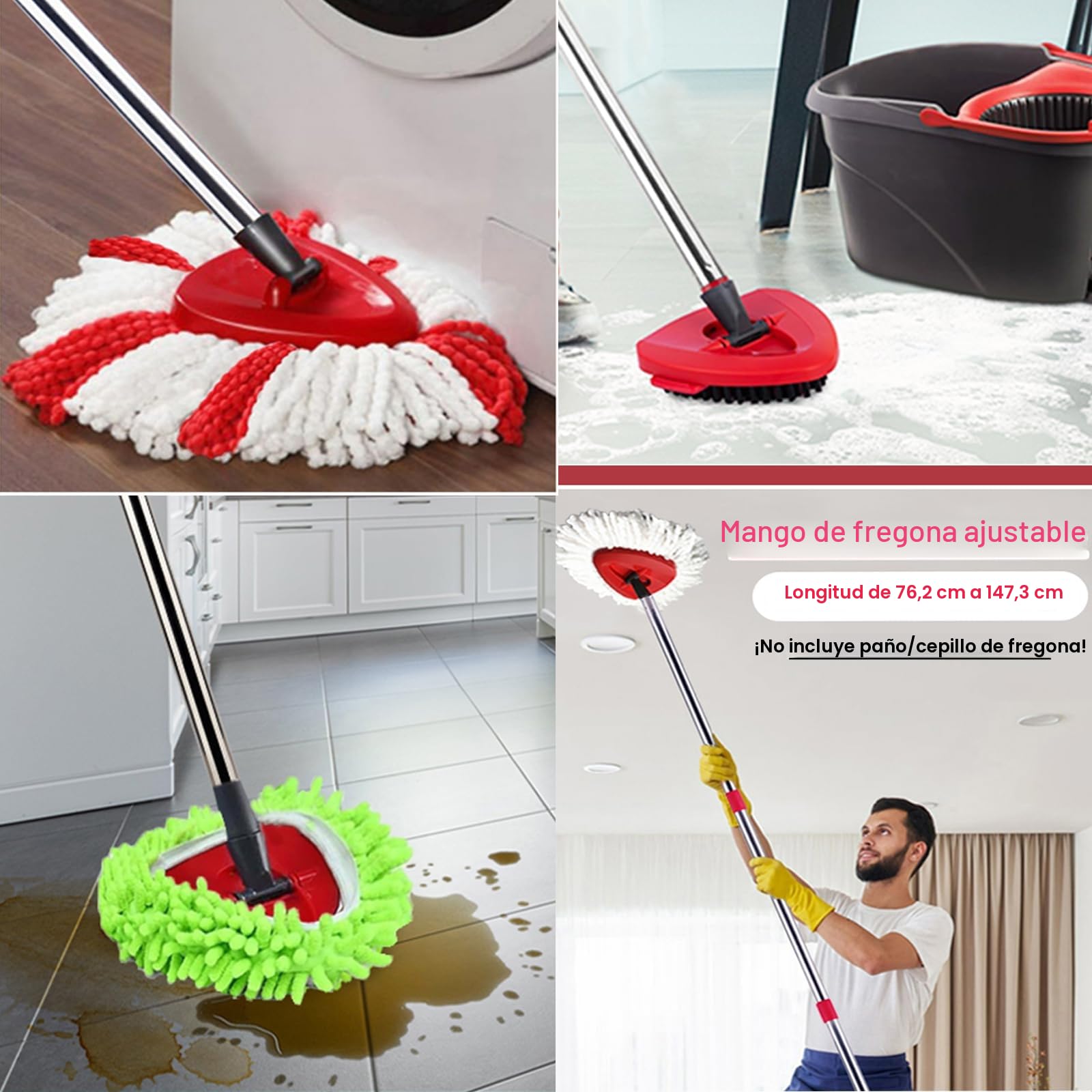 Base de Cabezal de fregona giratoria roja con Mango de fregona para Vileda Turbo Spin 2en 1,3en1, Repuesto de Repuesto de fregona Triangular para Turbo Smart/EasyWring&Cleaning Accesorio de fregona