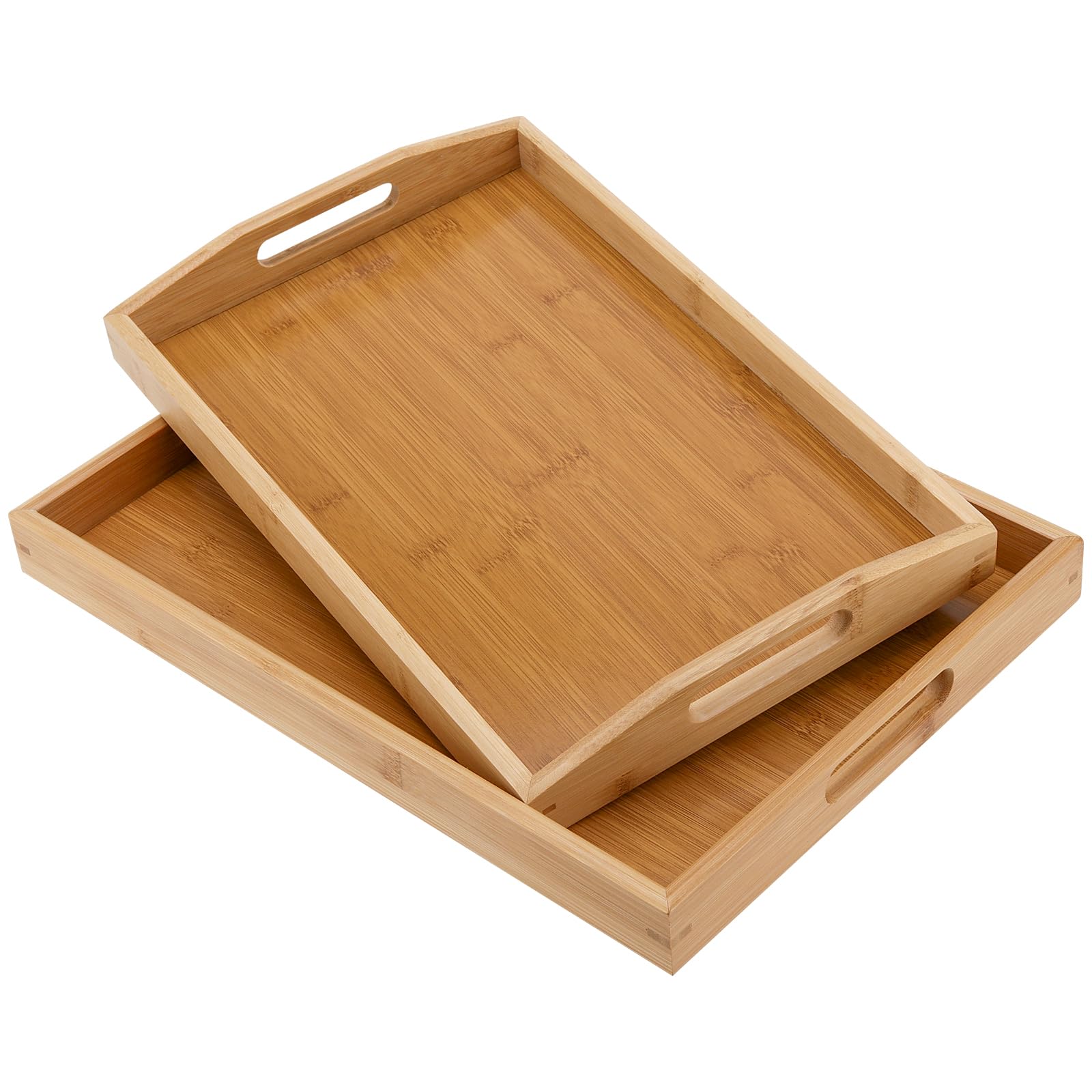 KOHAND 2 Pack Bamboo Serving Tray with Handles, 2 Sizes of Rectangular Wooden Platters Tray, Bamboo Food Tray for Serving Breakfast, Dinner, Tea, Coffee, Snack