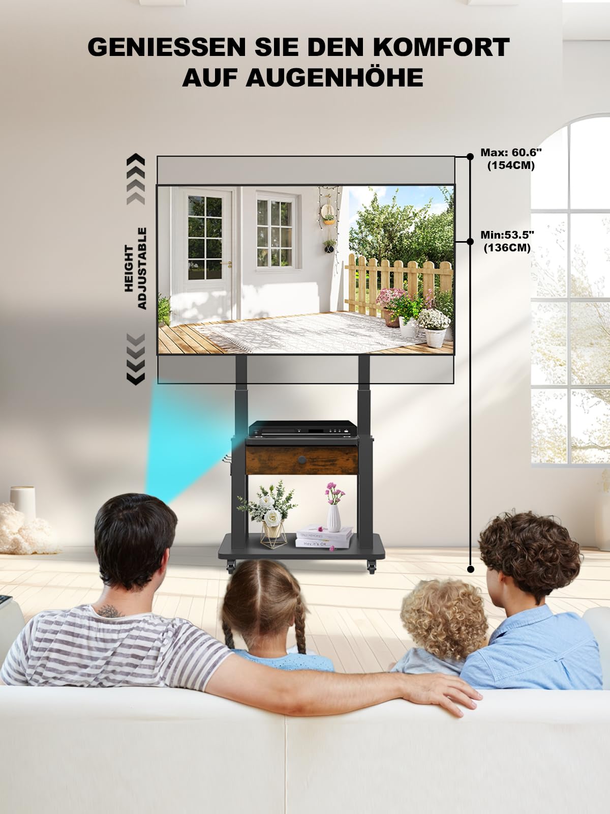 Rollbarer TV-Ständer mit Steckdose und Stoffschublade für 32"-75" Flach/Curved Bildschirme bis 100 kg. Mobiler TV-Wagen für LCD/LED/OLED-Fernseher mit Rollen für Homeoffice. Max. VESA 600 x 400 mm