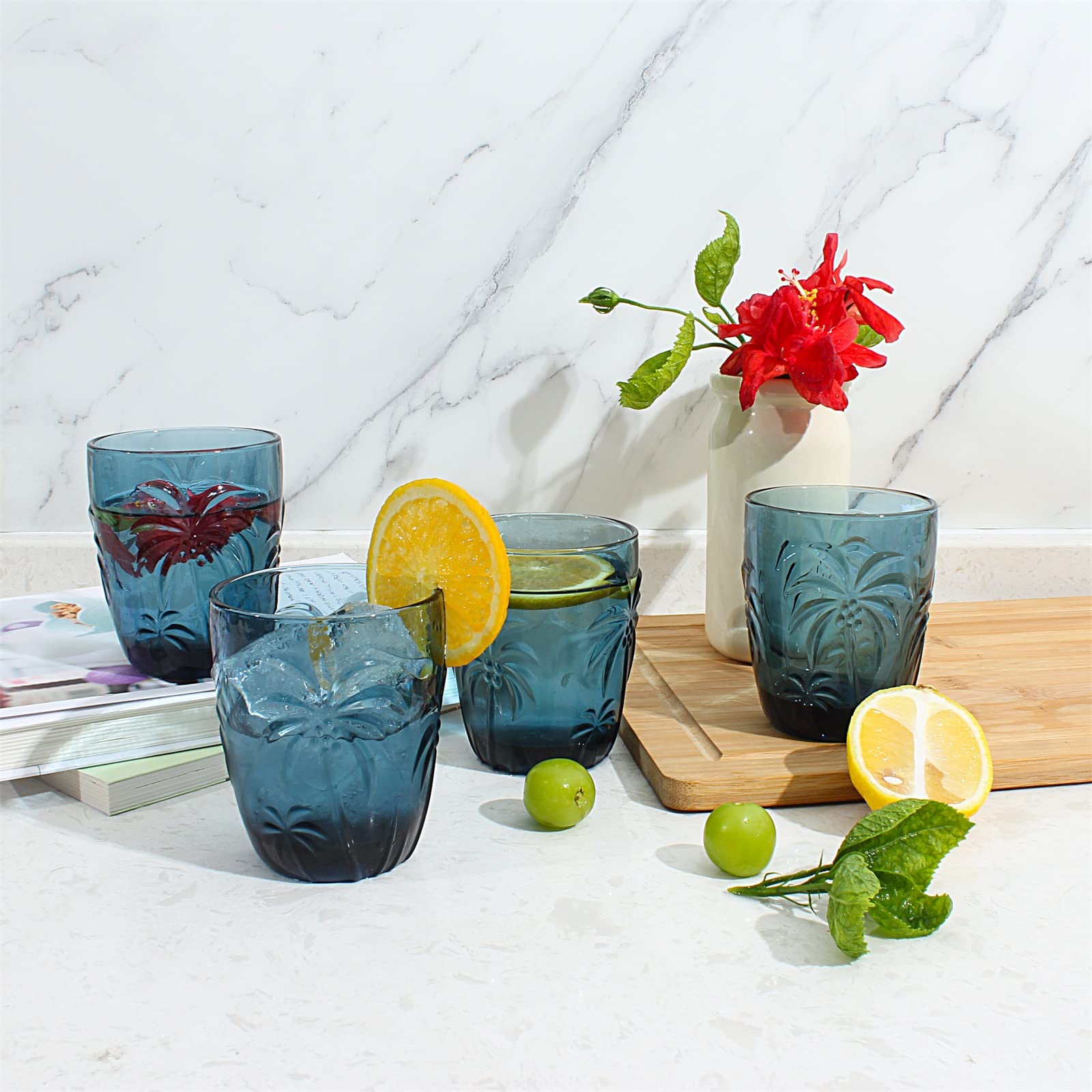 M&N HOME Colored Coconut Whiskey Glasses Set Of 4 - 9 Oz Tropical Tiki Tumblers For Cocktails, Juice, Water (Blue) - View #6