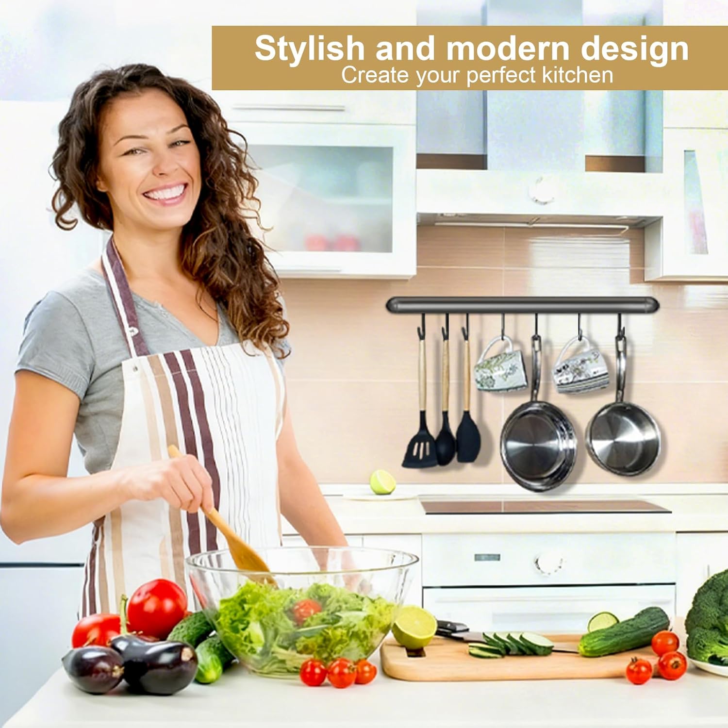 Kitchen Rail with Hooks, Utensils Rack with Sliding Hooks Wall Mounted, Utensil Holder for Pans, Spoons, and Shovels, Self Adhesive (40cm)