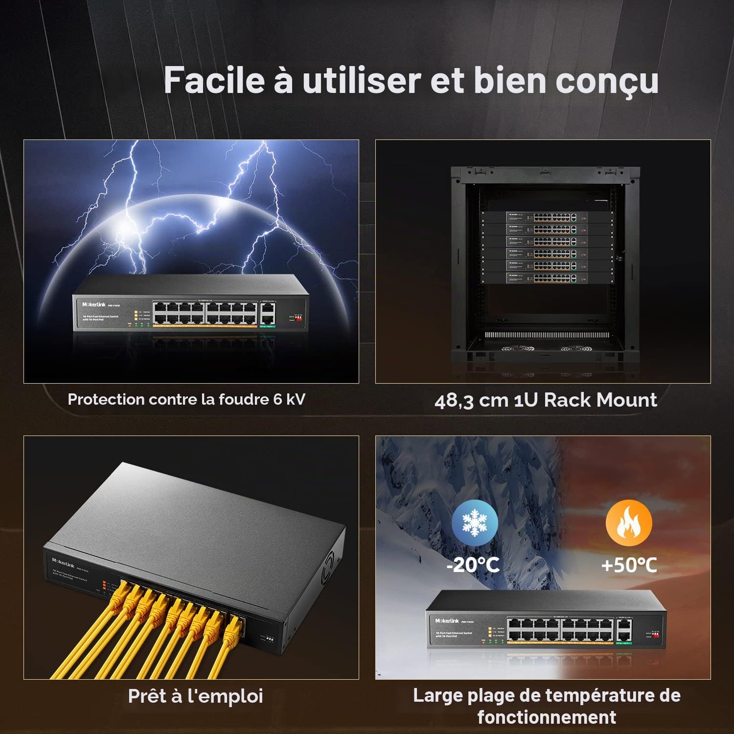 MokerLink 16 Port PoE Switch, 2 Gigabit Uplink Ports, 250W Haute Puissance, Prise en Charge IEEE802.3af/at, Plug-and-Play Non géré monté en Rack