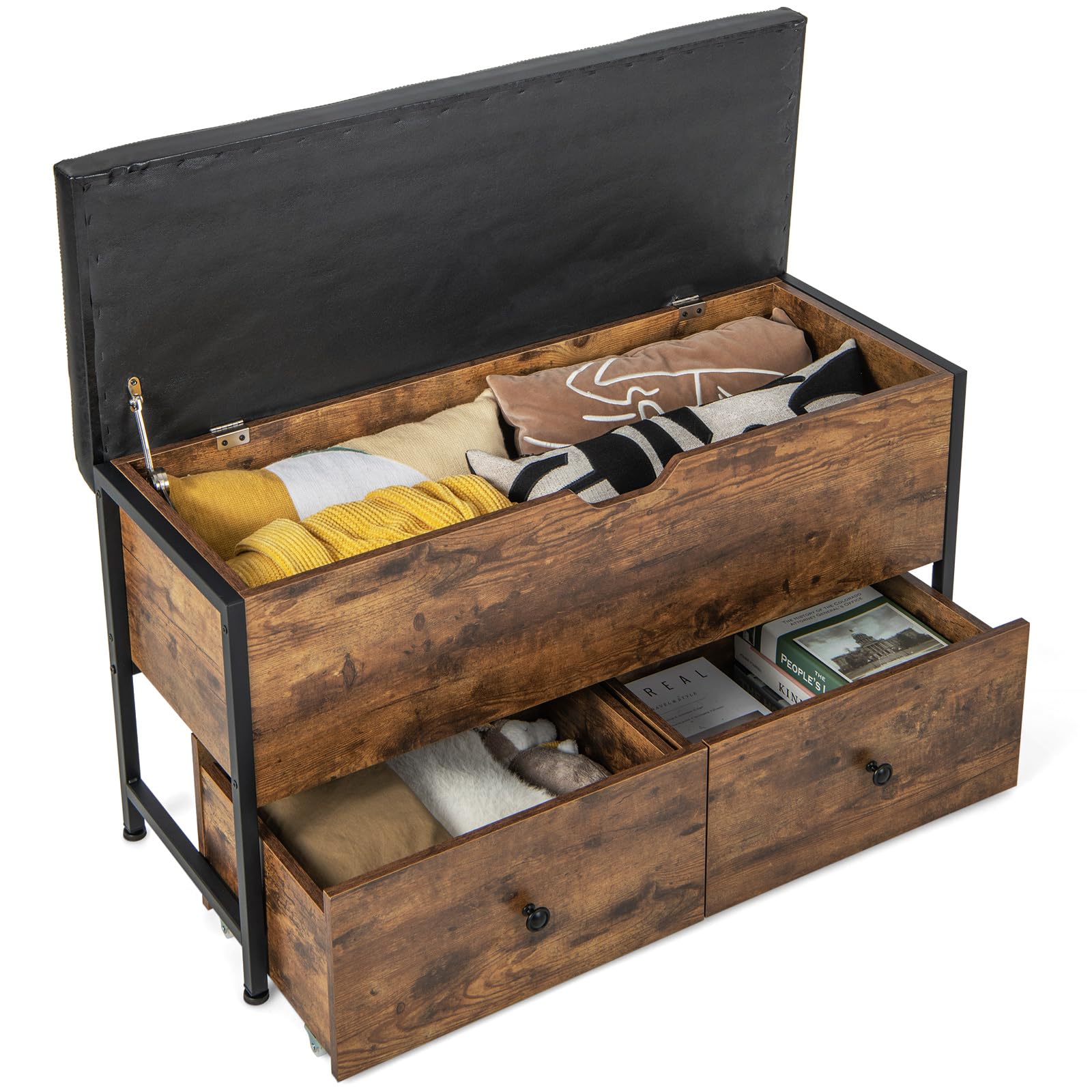 HOMASIS Panca con vano portaoggetti, scarpiera con seduta imbottita, cassapanca con 2 cassetti, apribile con poggiapiedi regolabili, stile vintage, portata 150 kg, 101 x 41 x 58 cm