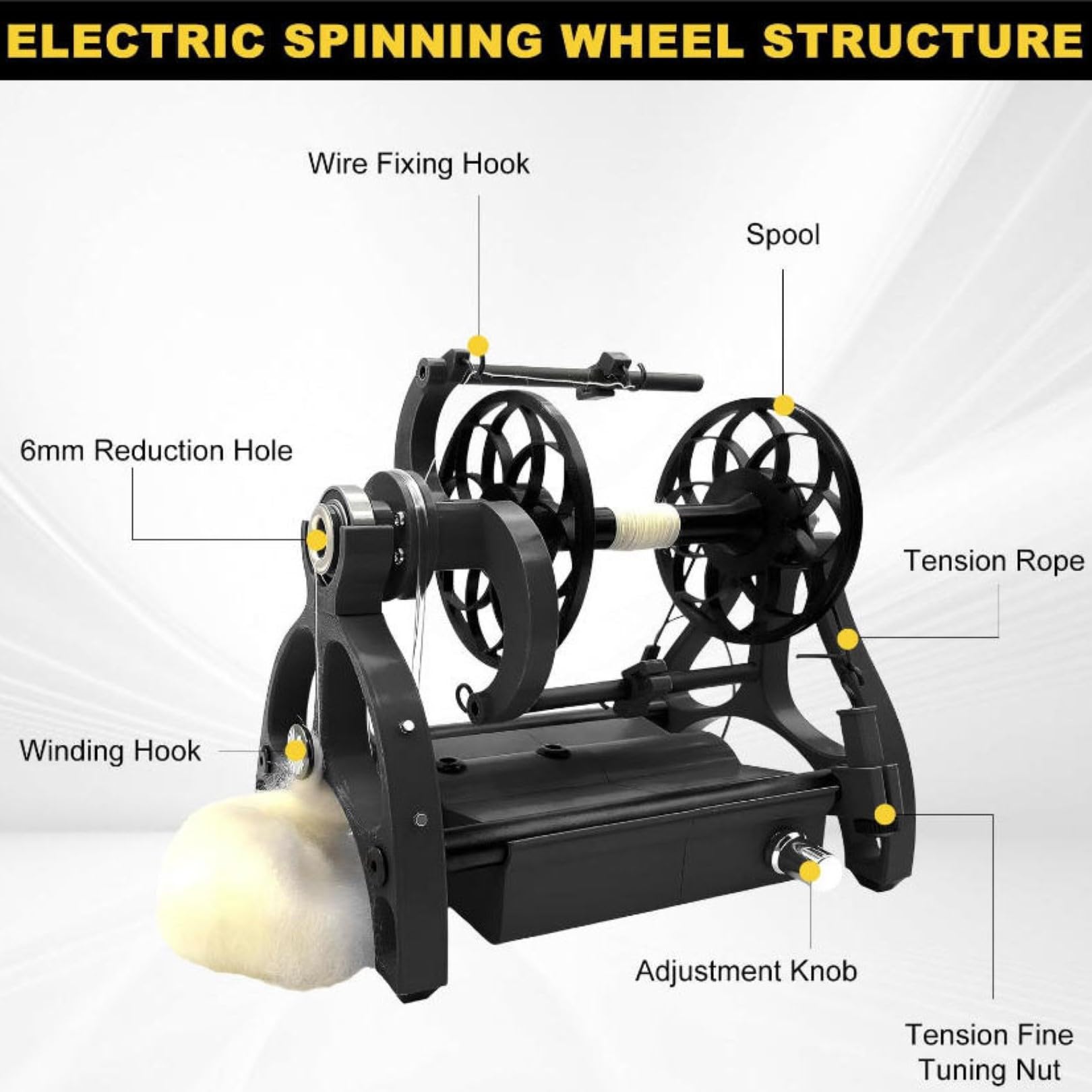 Rueda giratoria eléctrica para máquina de bobinado de lana de 800 RPM con velocidad ajustable, interruptor de avance y retroceso, 4 rodamientos de bolas, diseño hueco para el hogar