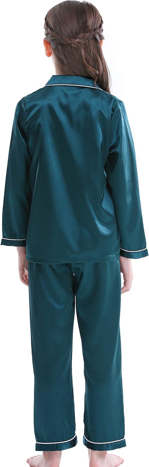 Girls Boys Satin Long Sleeve Button-Down Pajamas Set Sleepwear Loungewear - Image 3