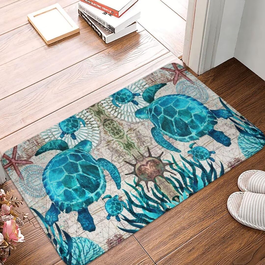 Sea Turtle Bath Mats for Bathroom,Turtles Beach Ocean Life Teal Marine Animal Nautical,Door Mat Absorbent Bath Rug Non-Slip Floor Rug Carpets Washable Area Rugs for Kitchen Laundry Bedroom,Green