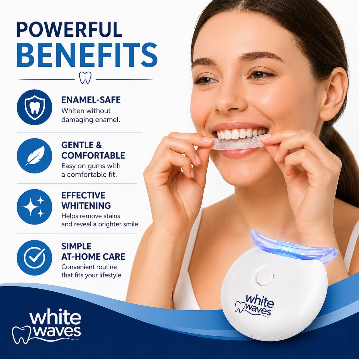 Kit de blanqueamiento dental con luz LED - Tiras blanqueadoras seguras para esmalte (14 tratamientos) - Sistema de blanqueamiento White Waves en casa