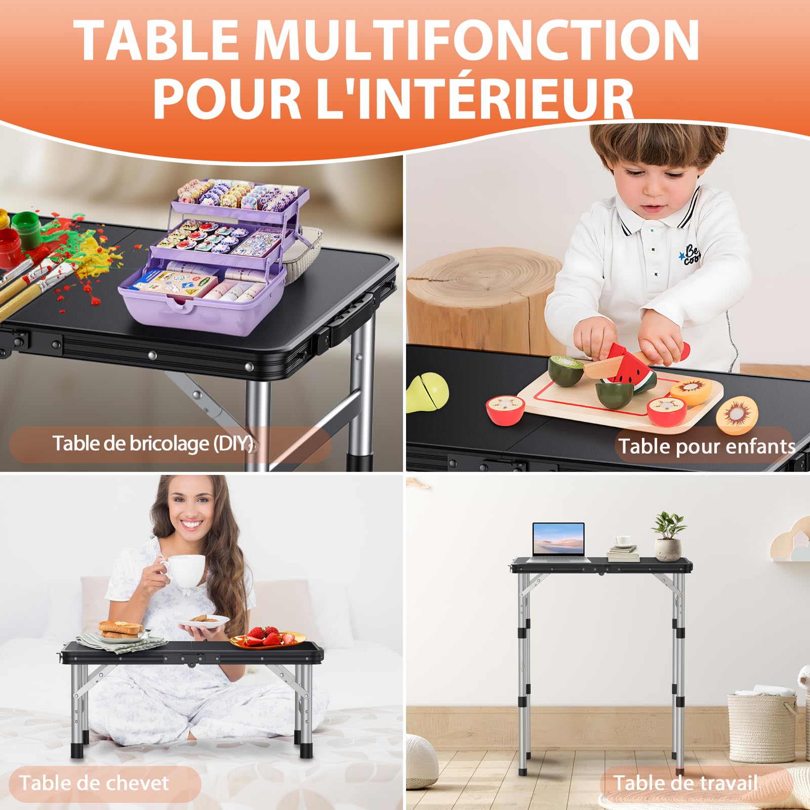 FUNYKICH Table de Camping Pliante,3 Hauteurs Réglables,70 cm Noir | Table de camping pliante 58 × 40 cm,pieds aluminium,3 hauteurs 26/48/70 cm pour barbecue et pique-nique