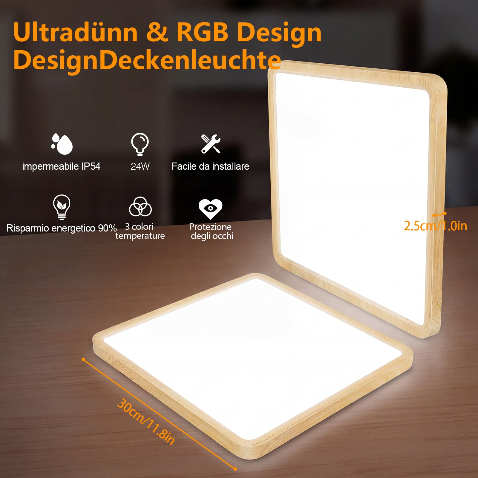 Plafoniera LED Soffitto Dimmerabile 24W, 3200LM Lampada da Soffitto, 6000K/4000K/3000K, IP54 Impermeabile Quadrata Plafoniere, Per Tutti Gli Ambienti Casa, Diametro Ø30CM, Finto legno Confezione 4