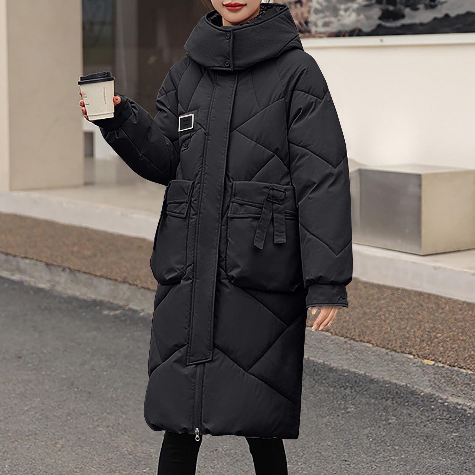 Generisch Wintermantel Damen Lang Daunenmantel Winter Warm Mantel Langarm Steppmantel Elegant Damenmantel Dicke Thermo Daunenjacke Einfarbig Puffer Jacke Mit Taschen Steppjacke Mit Reissverschluss