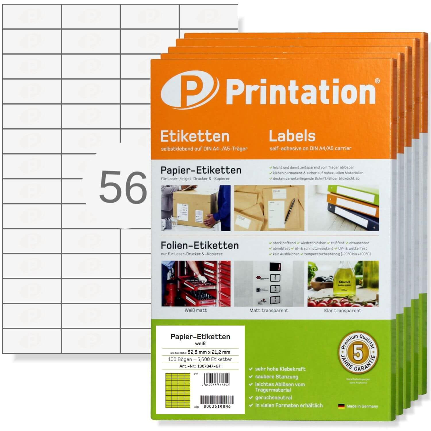 Printation Etichette universali 52,5 x 21,2 mm – 28000 adesivi su 500 fogli A4 da 4x14 52,5 x 21,2 – 56 Etichette 52,4x21,2 per Foglio – carta adesiva/etichette adesive bianche stampabili 3668 4273
