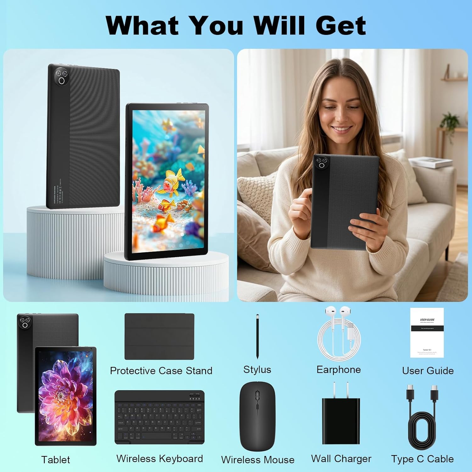 MUISOO Android 15 Tablet, 10.4 inch Tablet, Android Tablets with Keyboard Pen Case Mouse Earphone, 20GB RAM+64GB ROM (TF 1TB), 5000mAh, WiFi 6, BT5.4, Dual Cameras & Speakers, Black — view 7