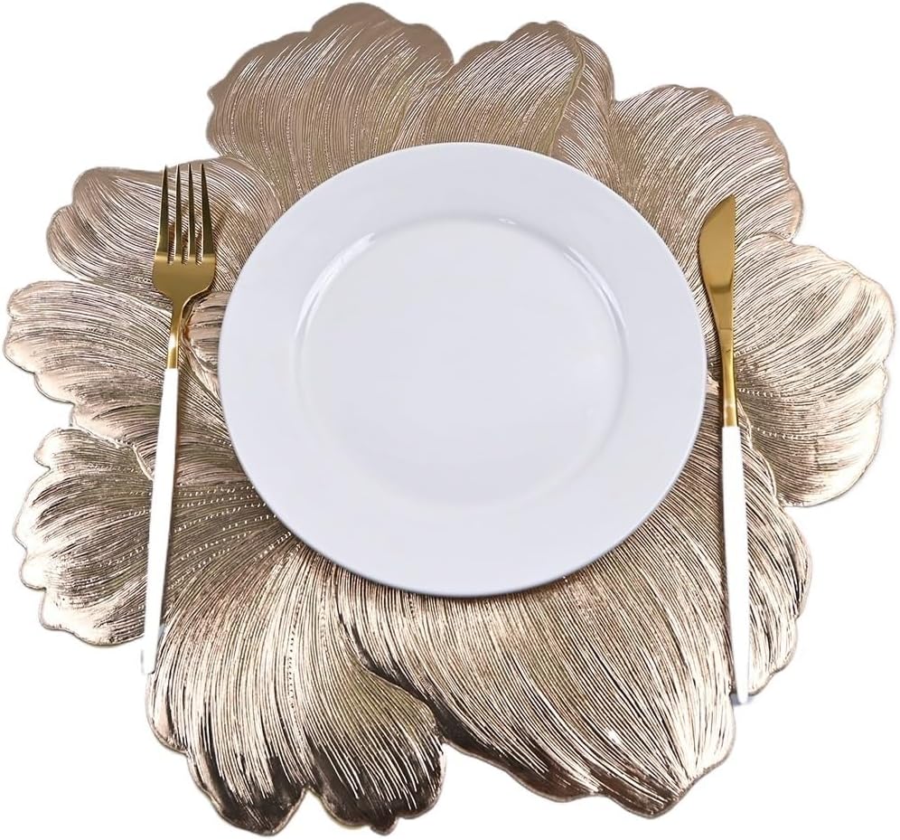 Hollow Gold-Stamped Placemats Wedding Party Western Table Mats Square Waterproof Plate and Coasters(White-Fruit peach5)