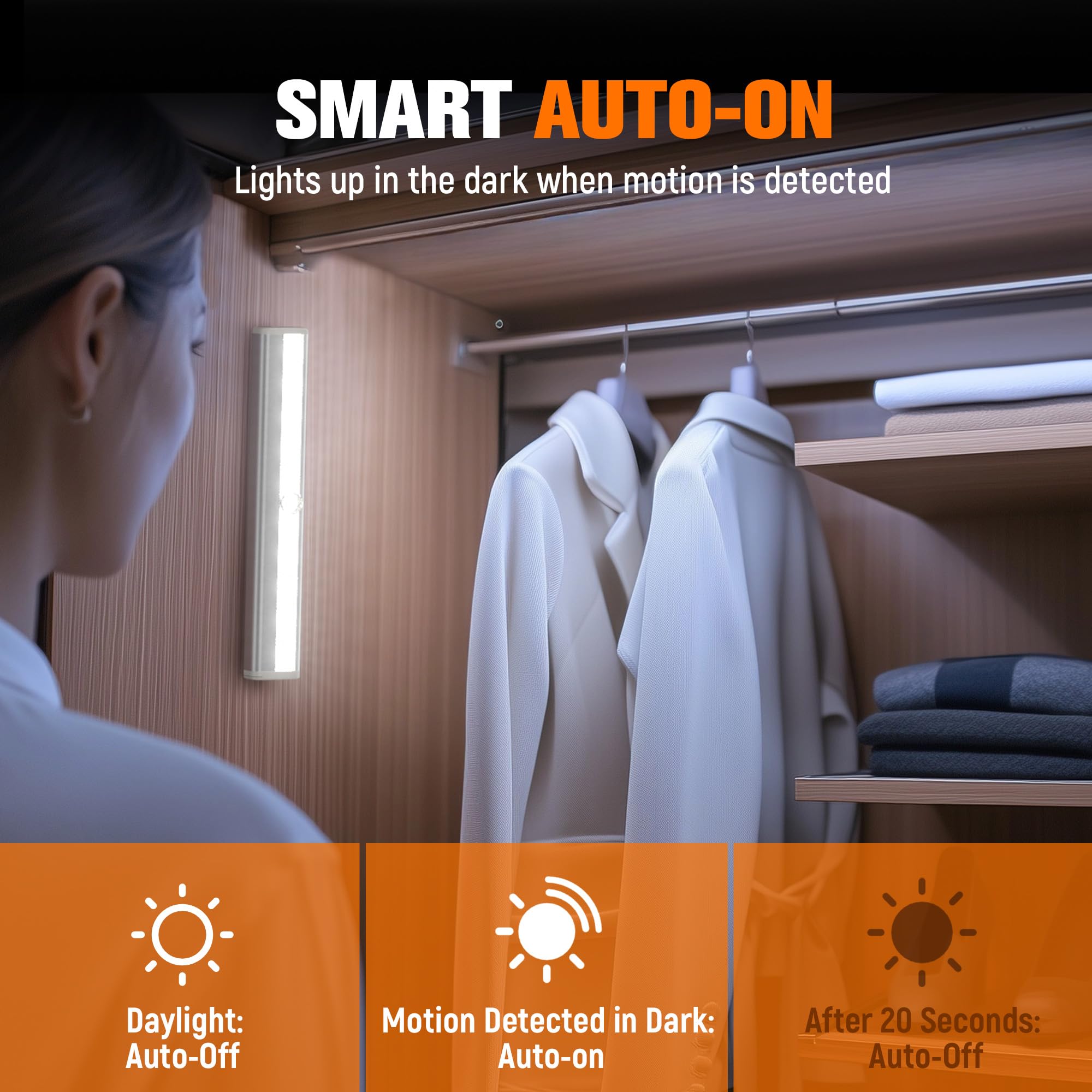 Molrebe Luces LED con sensor de movimiento, paquete de 6 unidades, funciona con pilas, 10 luces LED de movimiento para armario, barra de luz nocturna magnética para armario, debajo del armario, cocina