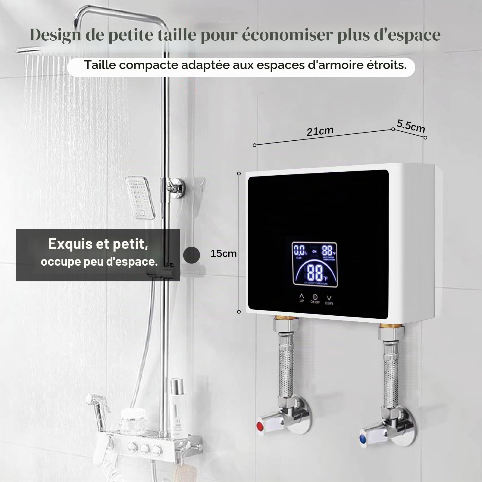 Chauffe-eau Instantané, 5500W Chauffe-eau électrique avec Écran LED | Mini Chauffeeau 230V pour Cuisine et Douche Salle de Bain, Sans Prise, Résistant à la Pression, Chauffage Rapide,Étanche IPX4
