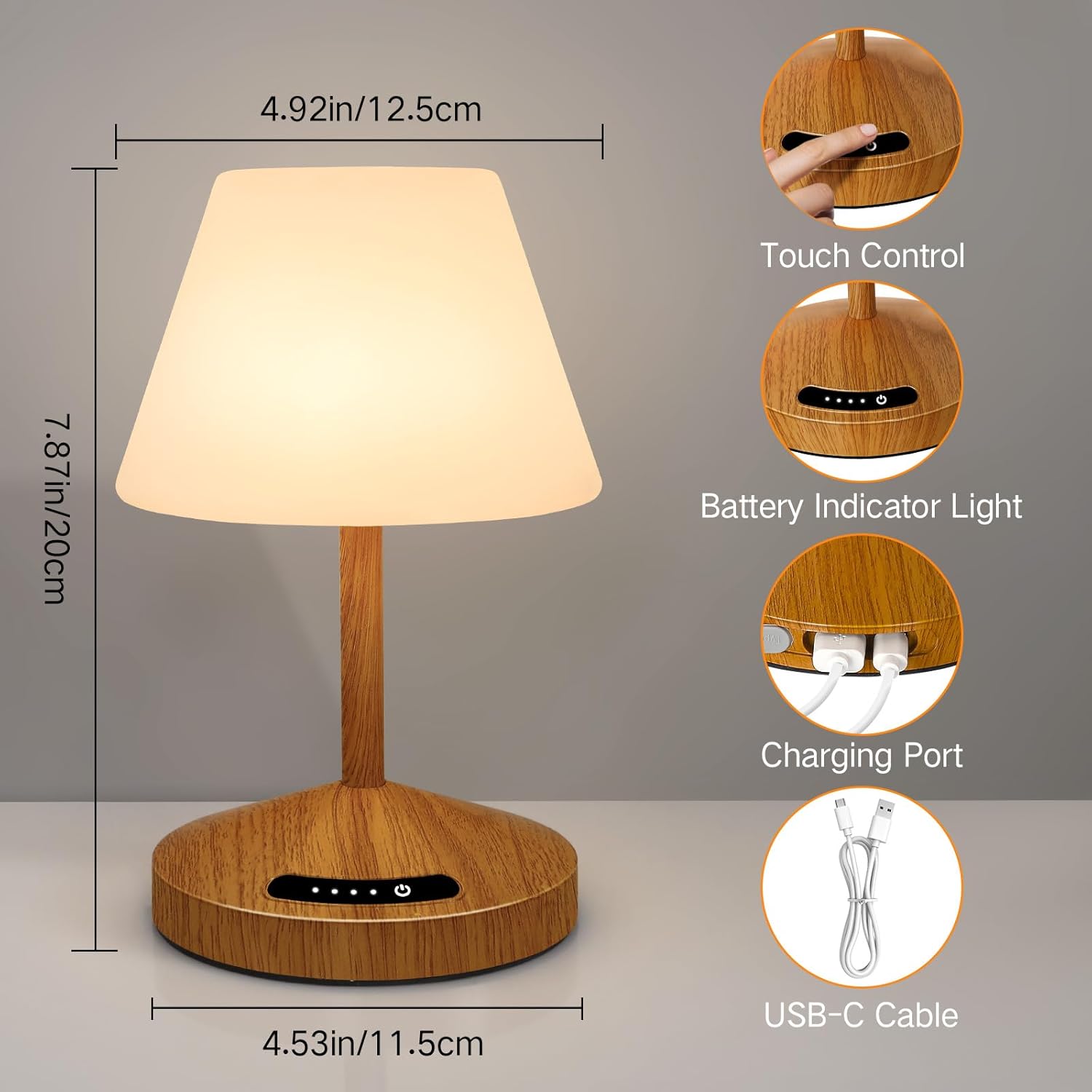 OUTON Rechargeable LED Shower & Table Lamp, Waterproof, USB Output, Stepless Dimming, 3 Colors, Power Indicator, Memory Function, Battery Operated Light for Home, Bathroom, Patio & Outdoor (Wood) - Image 7