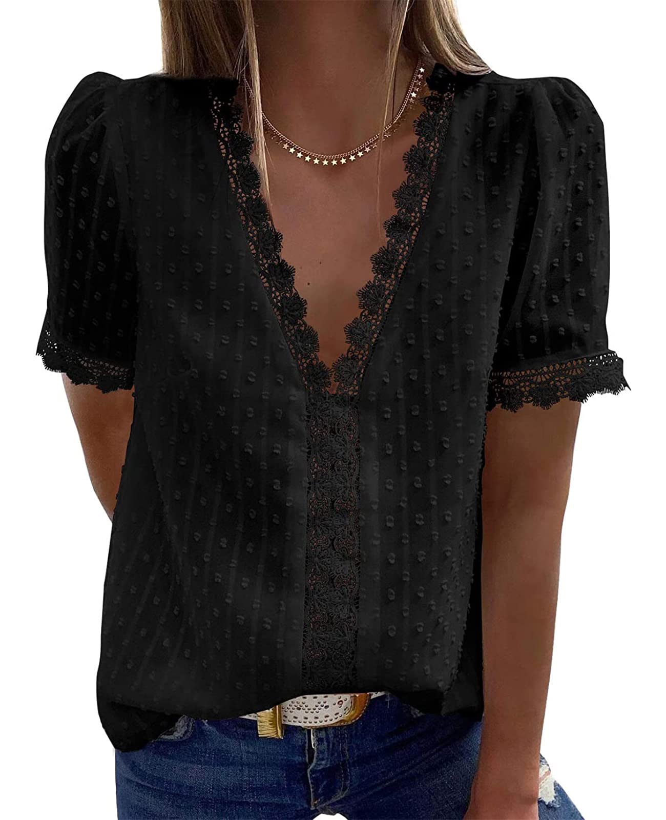 GRMLRPT Blusa de Mujer Blusa de Gasa Cuello en V Camisa de Encaje Camiseta Casual Elegante Camiseta de Manga Corta Top de Gasa Elegante