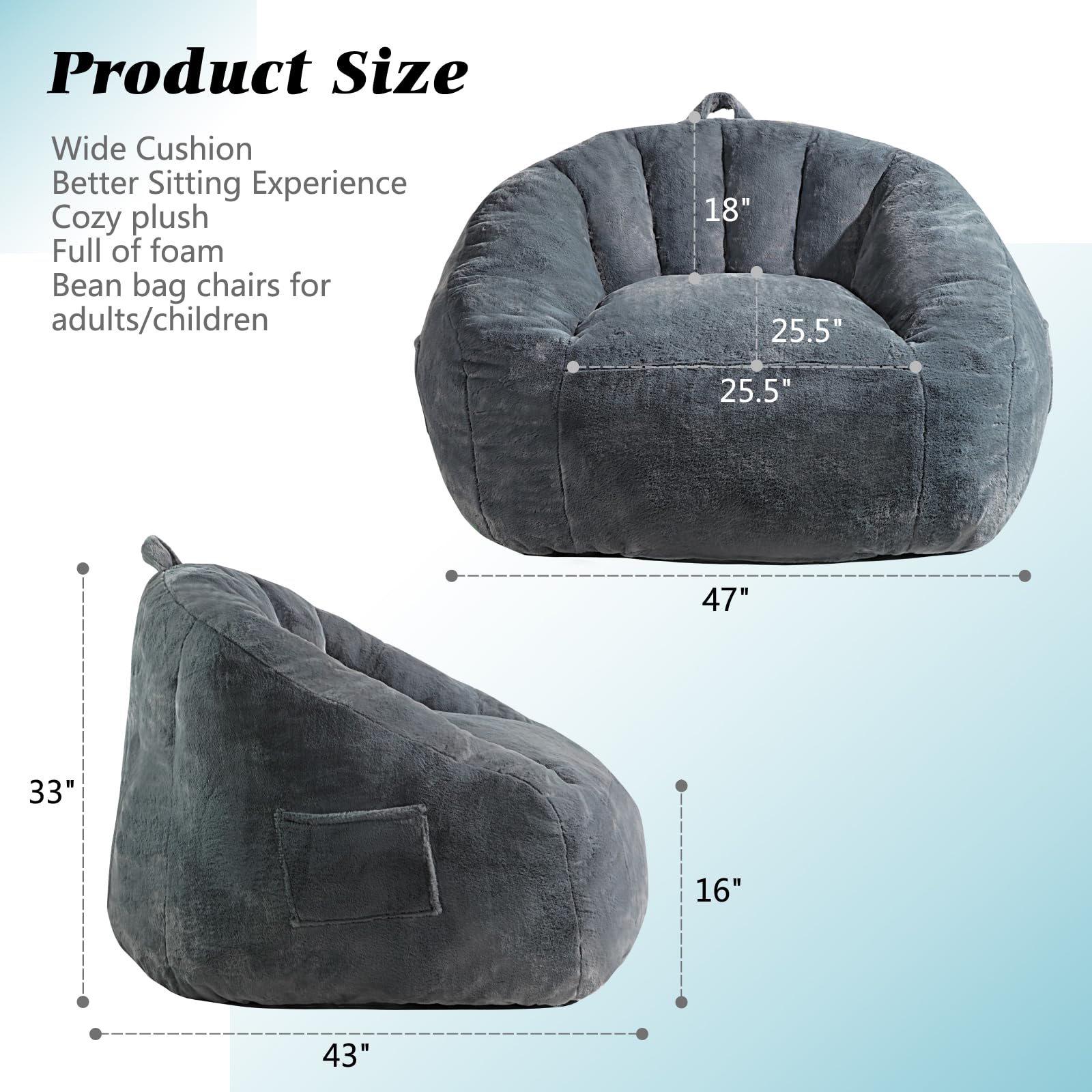 Giant Bean Bag Chair for Adults and Kids, BeanBag Couch Filler with Memory Foam, Ergonomic Faux Fur Shell-Shaped Boneless Chair and Reading Living Room, Bedroom, Grey