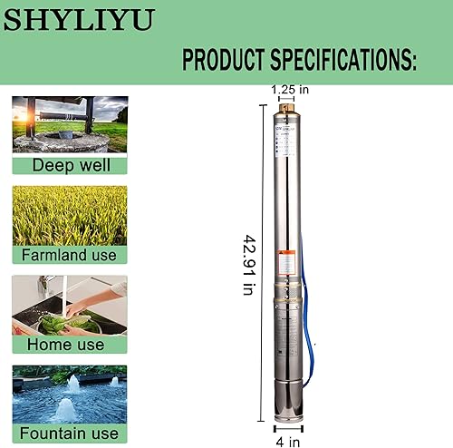 Miniatura 3 de Bomba de pozo profundo Bomba sumergible de orificio 4 "OD Pipe 110V/60Hz 1.1KW 1.5HP Acero inoxidable, salida de 1.25", caja de control integrada