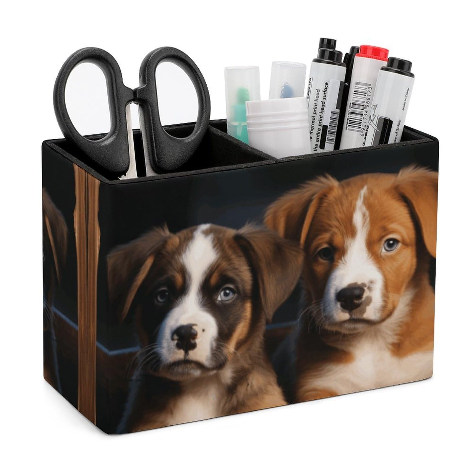 LZQPOEAS Exquisite Patterns PU Leather Pen Holder, Multifunctional Desktop Organizer Caddy with 2 Compartments, Puppies Dogs Pets Animals Pencil Cup Makeup Brush Holder for Office Home