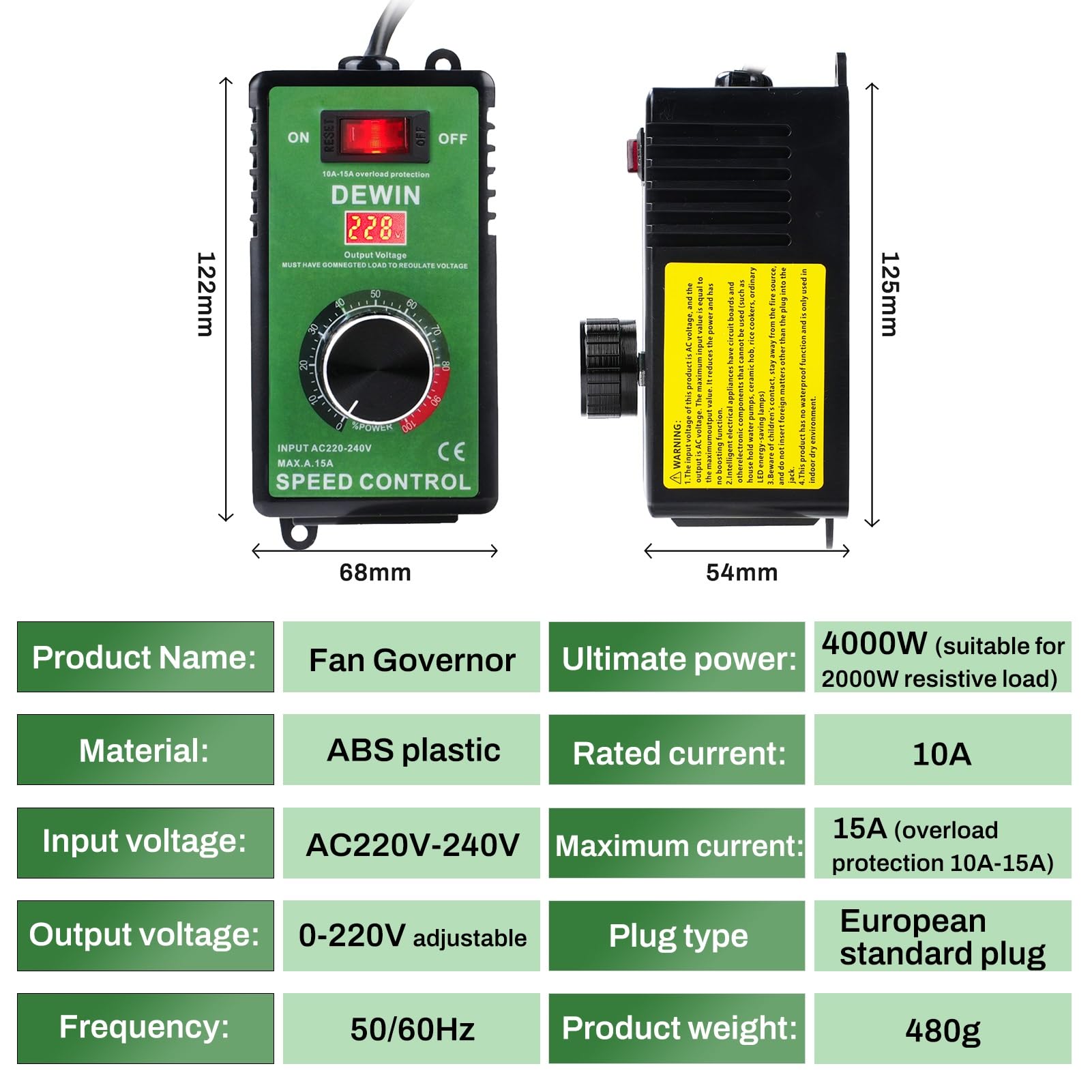 Regulateur Tension 220v, Régulateur de Vitesse 4000 W AC220-240 V 15 A for meuleuses d'angle/souffleuses et perceuses à main (norme européenne)